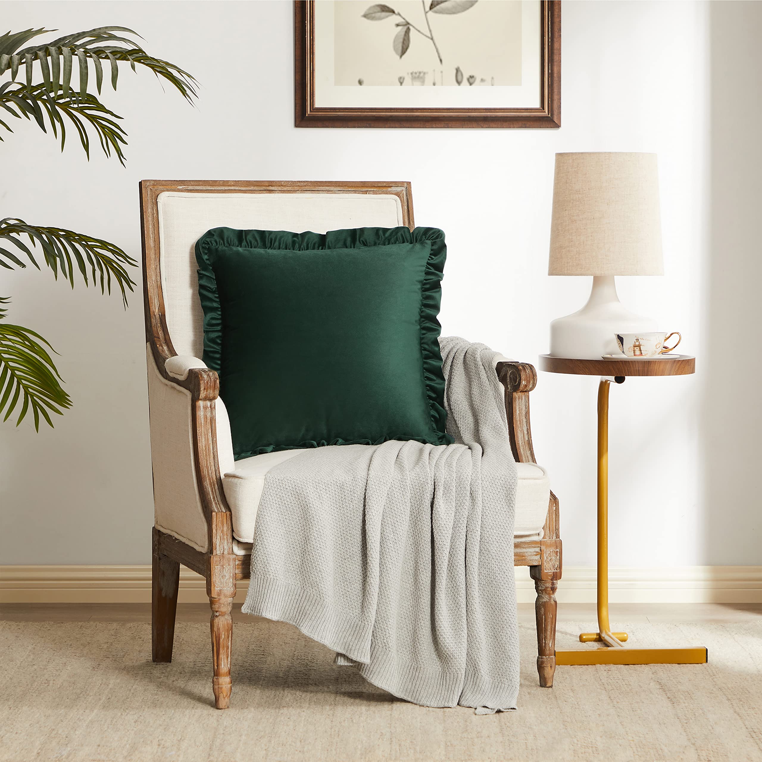 GIGIZAZA 16x16 Inch Army Green Velvet Ruffle Throw Pillow Covers Set of 2 - Decorative Cushion Covers for Sofa, Couch, Bedroom & Living Room Home Decor