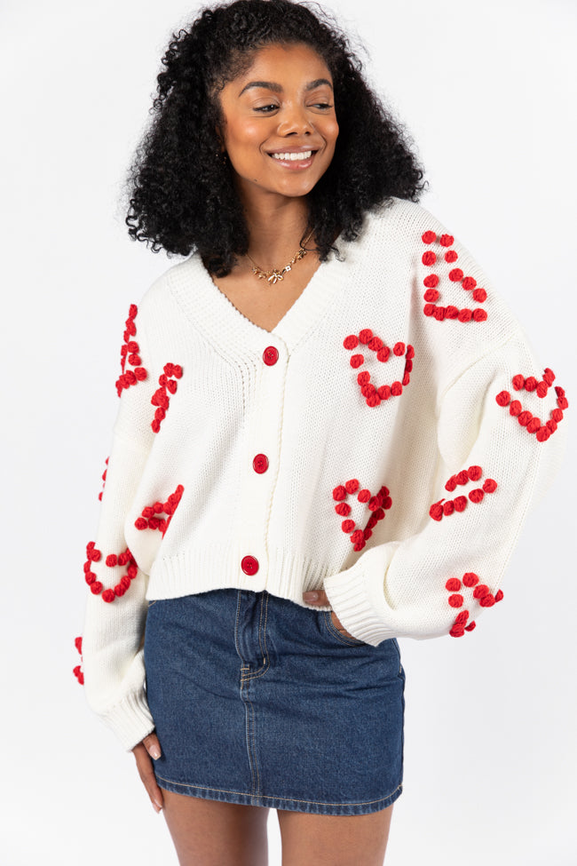 Better Together Ivory Heart Embroidered Cardigan - Women's Cozy Knit Sweater for Valentine's Day & Date Night Outfits