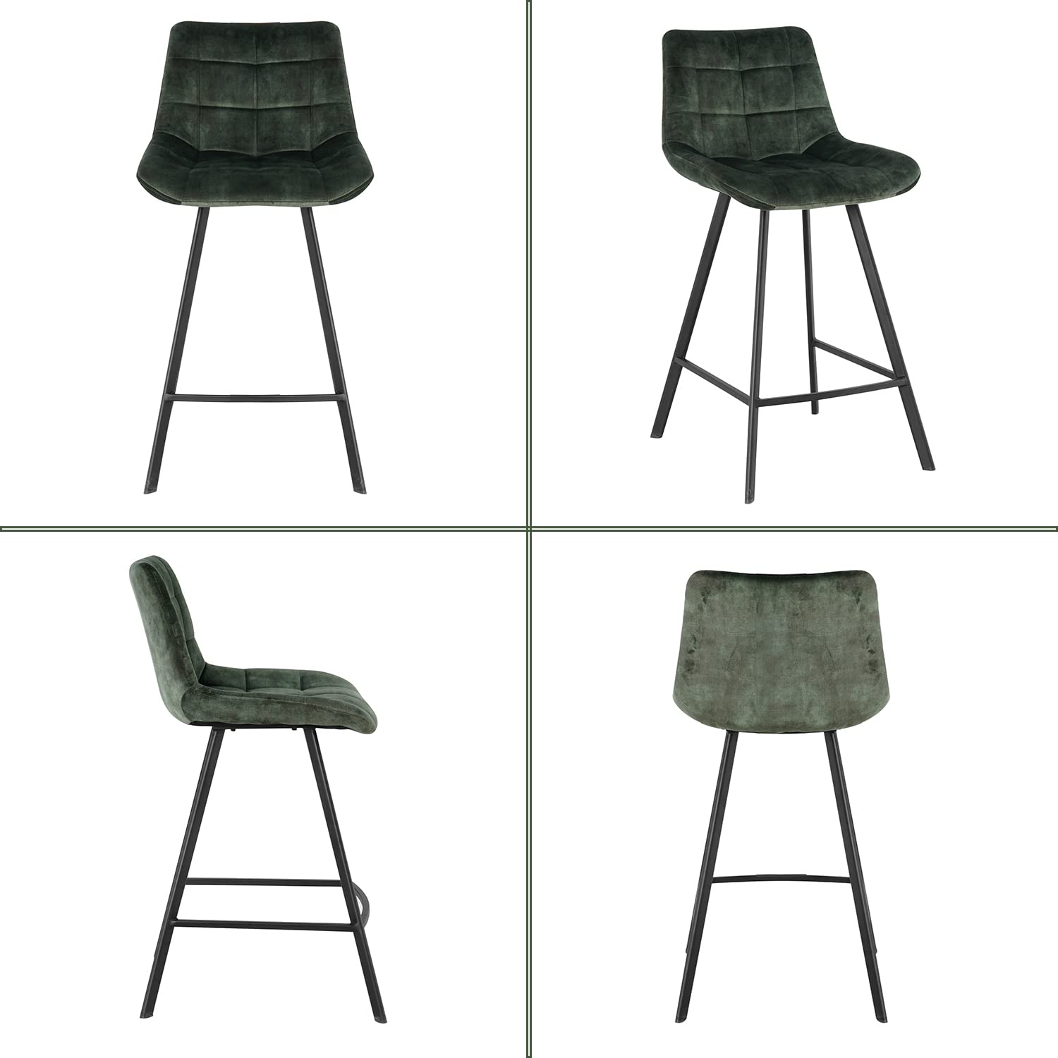 Yoluckea Modern Velvet Counter Height Bar Stools Set of 2 - Back Support & Footrest - Upholstered Armless Barstools for Kitchen Island, Breakfast Nook, or Home Bar - Retro Green (24