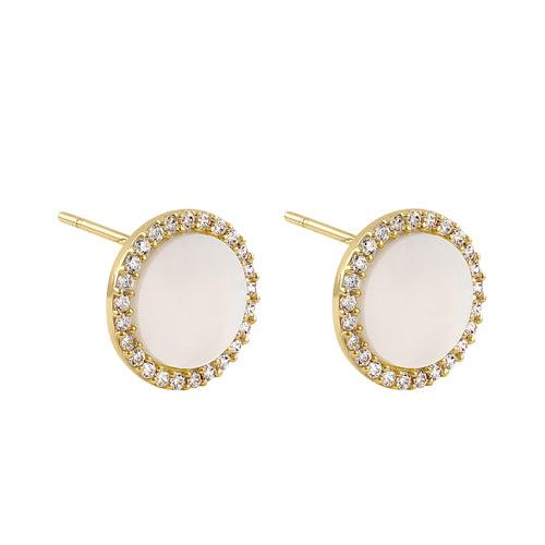 14K Yellow Gold Round Mother of Pearl and Cubic Zirconia Stud Earrings for Women - Elegant Pearl Jewelry Gift for Wedding, Anniversary & Special Occasions