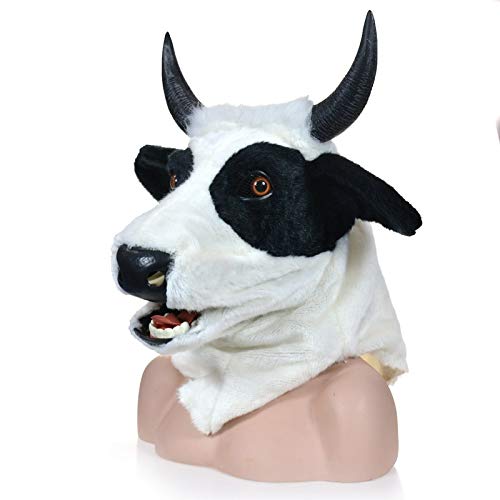 SHENGUS Halloween Party Mask - Realistic Moving Mouth Cow Mask, Furry Animal Costume Accessory for Adults & Kids (Black) - Perfect for Halloween Parties, Cosplay, and Themed Events