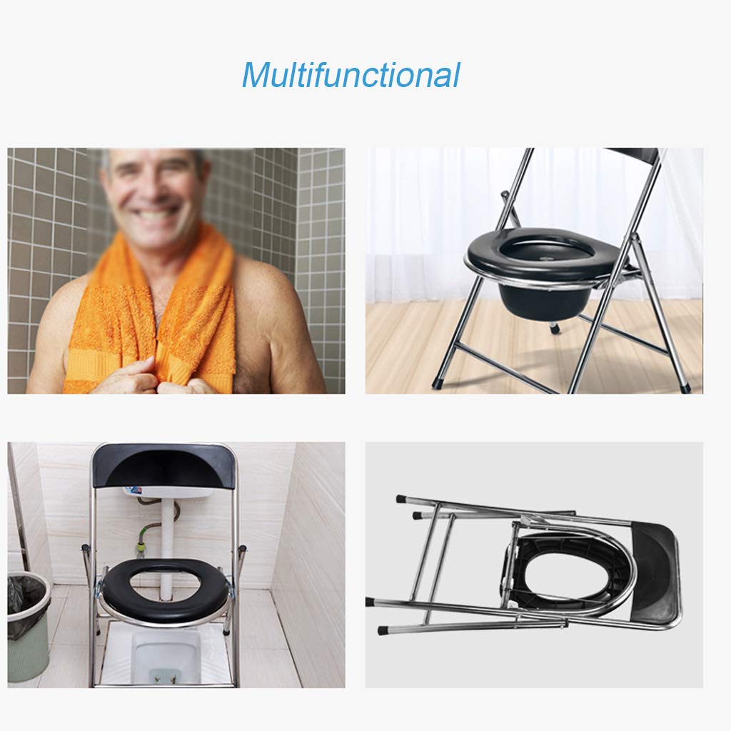 Portable Folding Commode Chair - Steel Frame Bedside Toilet with Bucket & Lid, Non-Slip Leg Pads for Elderly & Disabled - Space Saving Shower/Toilet Chair for Home Care & Hospital Use