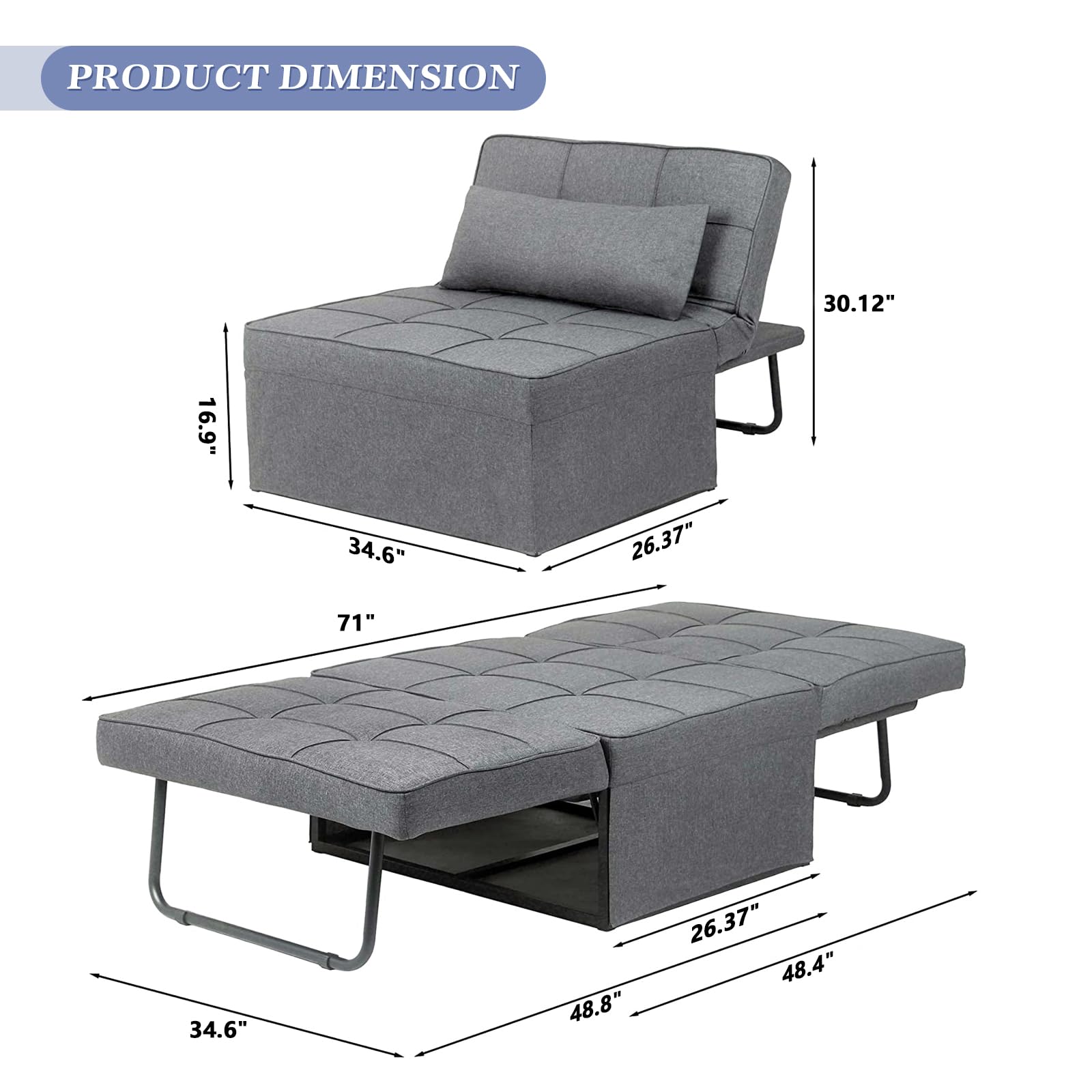 Saemoza 4-in-1 Convertible Sofa Bed - Multi-Functional Folding Ottoman Sleeper with Adjustable Backrest, Modern Space-Saving Furniture for Living Room, Small Apartment, Guest Room & Home Office - Light Gray