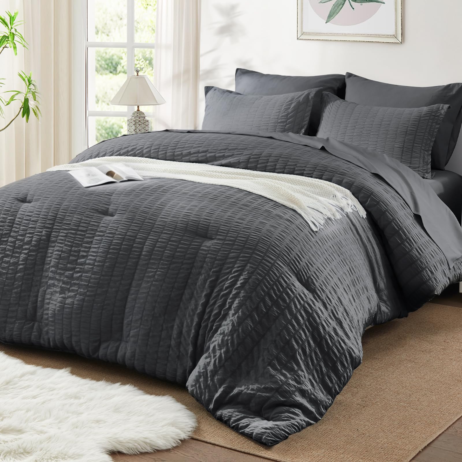 SunStyle Home King Size Comforter Set - 7 Piece Seersucker Bed in a Bag with Flat Sheet, Fitted Sheet, Pillowcases & Sham | All Season Lightweight Bedding for Comfortable Sleep | Dark Grey Luxury Bed Set for Master Bedroom, Guest Room & Dorm