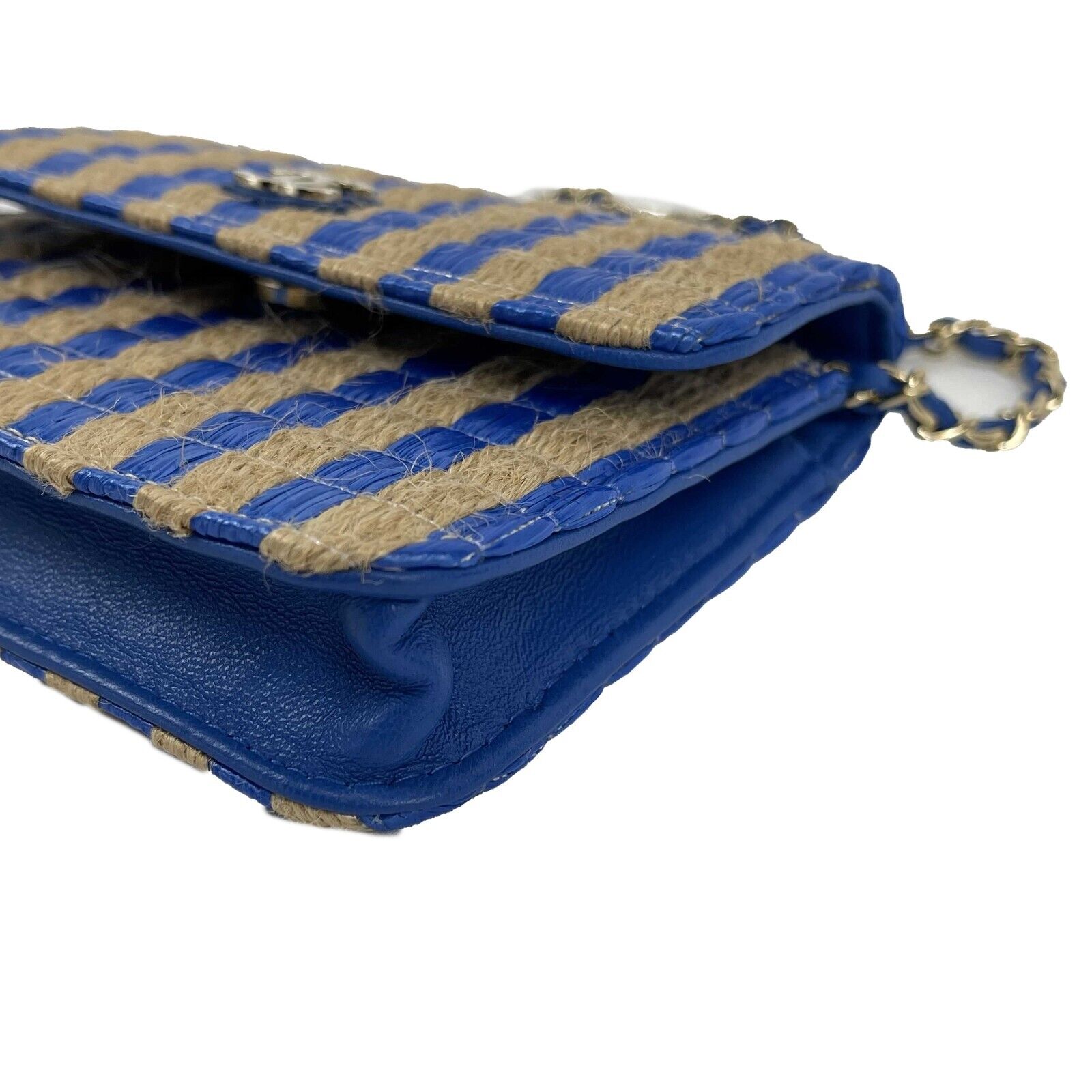 CHANEL 2021 Raffia Jute Striped Belt Bag in Blue & Beige with Gold Hardware - Perfect for Summer Outings, Beach Vacations & Fashion Events