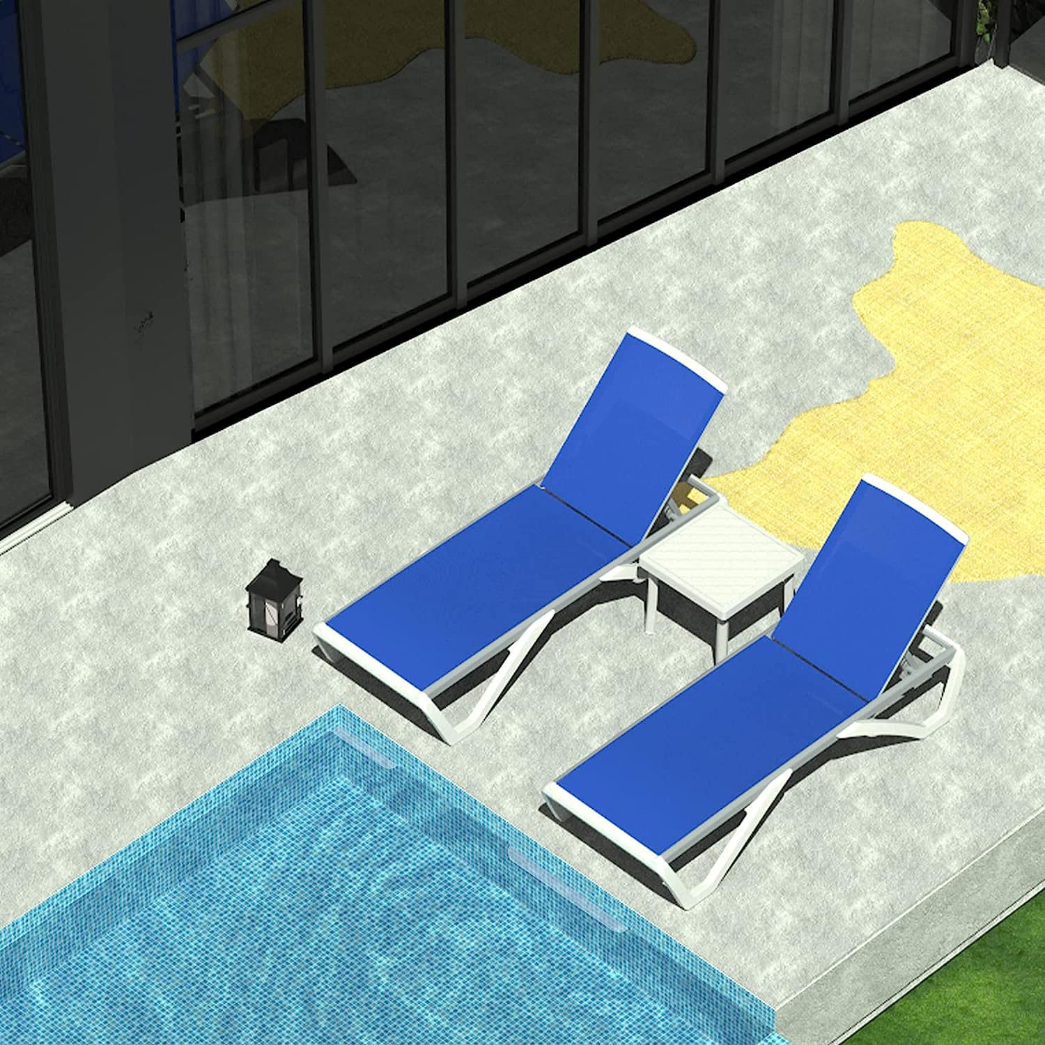 Domi Patio Chaise Lounge Chair Set of 3 - Outdoor Aluminum & Polypropylene Sunbathing Chairs with Adjustable Backrest, Armrest & Side Table - Perfect for Beach, Yard, Balcony & Poolside (2 Blue Chairs + 1 Side Table) | Great for Relaxing, Sunbathing & Outdoor Entertaining