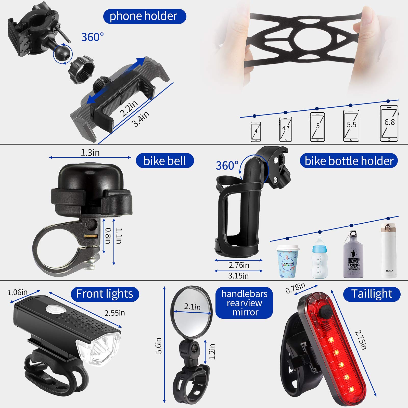 7-Piece Bicycle Accessories Set - Silicone Phone Mount, Aluminum Bike Bell, 360° Rotatable Cup Holder, 2 USB Rechargeable Bike Lights & Wide Angle Mirrors - Perfect for Commuting, Cycling & Outdoor Adventures
