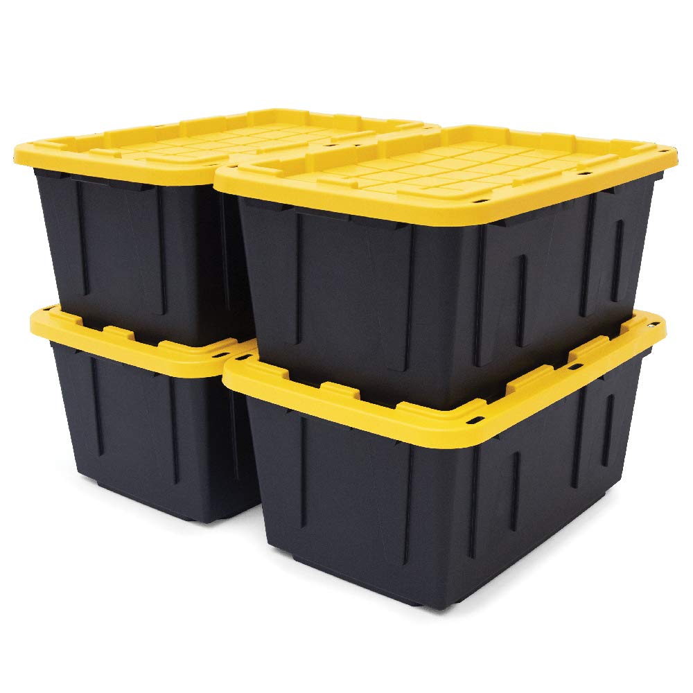 CX BLACK & YELLOW 27-Gallon Heavy Duty Storage Bins with Secure Snap Lid - Stackable, Durable Plastic Containers for Home Organization, Garage Storage & Moving Supplies (4-Pack Set)