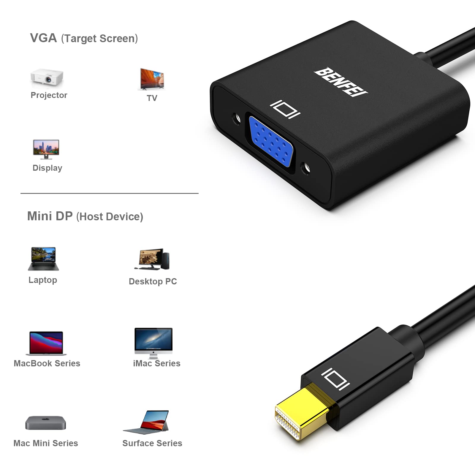 BENFEI Mini DisplayPort to VGA Adapter - Thunderbolt Compatible Mini DP to VGA Converter for MacBook, ThinkPad, Surface Pro - Connect Monitor/Projector for Work Presentations & Home Theater