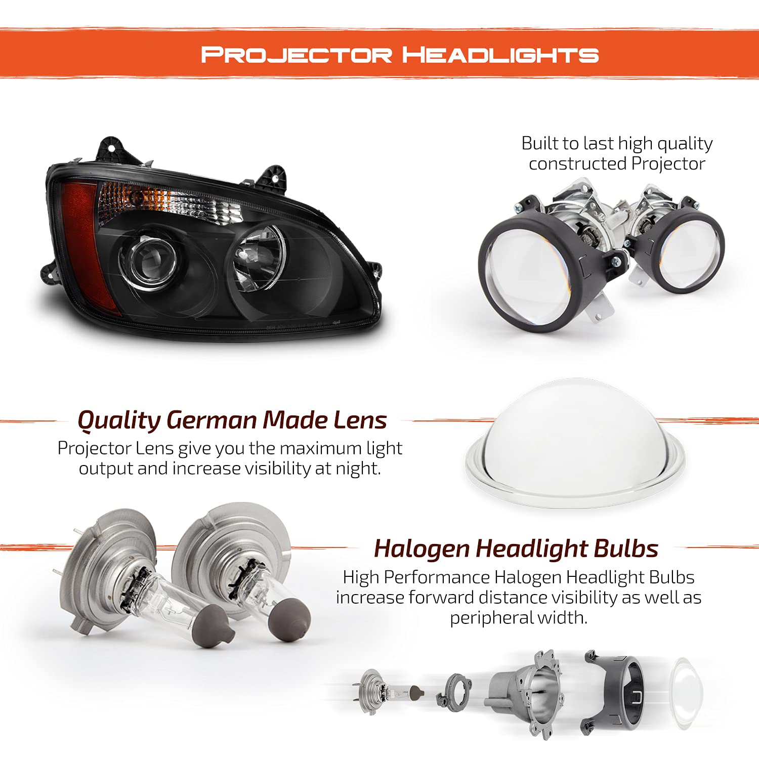 AKKON Black Housing Projector Headlights - Compatible with 2008-2017 Kenworth T660 T170 T270 T370 T700 Trucks - OE Style Replacement - Perfect for Night Driving & Enhanced Visibility (Pair)