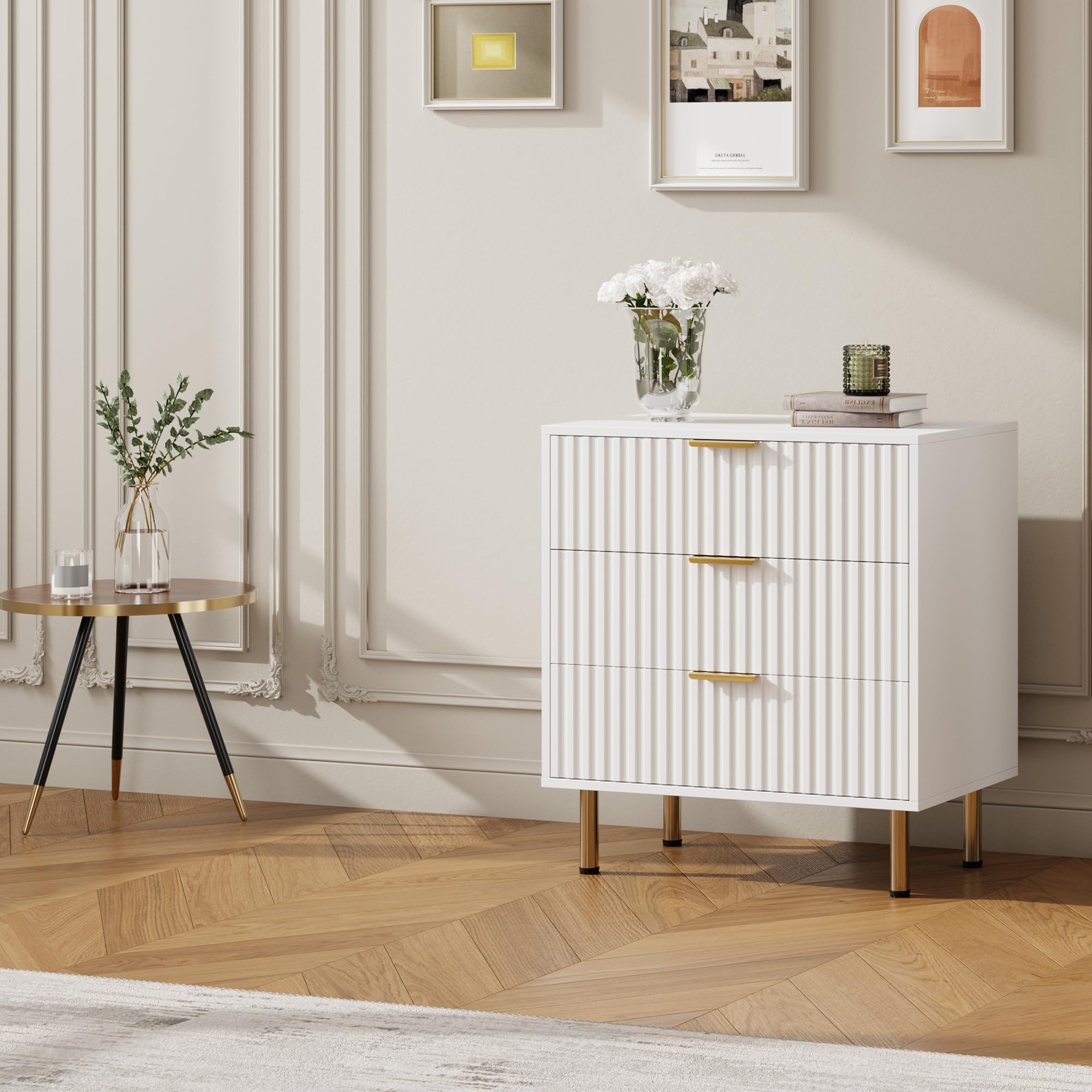 GARVEE 3-Drawer Dresser for Bedroom - Modern Wood Storage Chest with Gold Metal Handles, Anti-Tip Design, Large Nightstand Organizer - White | Perfect for Entryway, Hallway & Living Room Storage Solutions