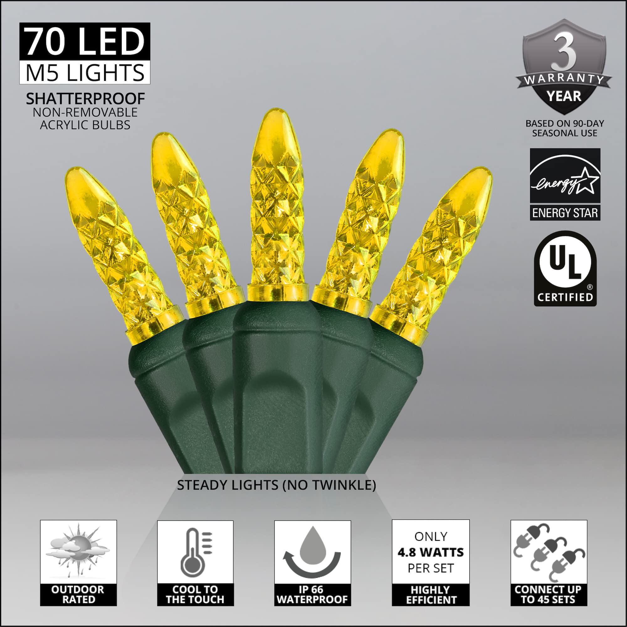 70 M5 Gold LED Christmas Lights with Green Wire - 4