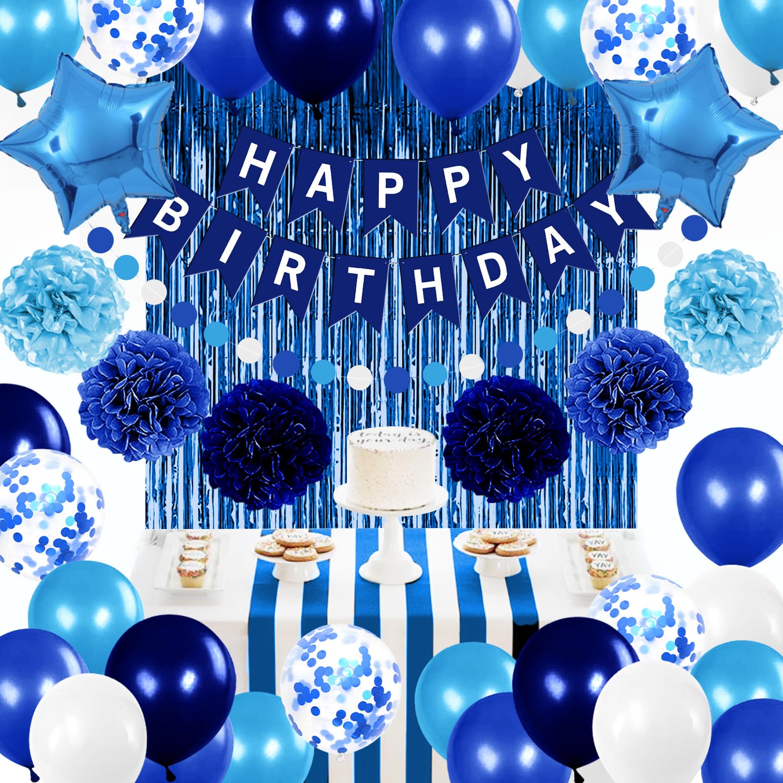 Royal Blue Birthday Party Decorations Set - Happy Birthday Banner, Balloons, Pom Poms & Foil Curtains for Boys, Men & Baby Showers | Perfect for Navy Themed Parties, Baby Boy Celebrations & Gender Reveal Events