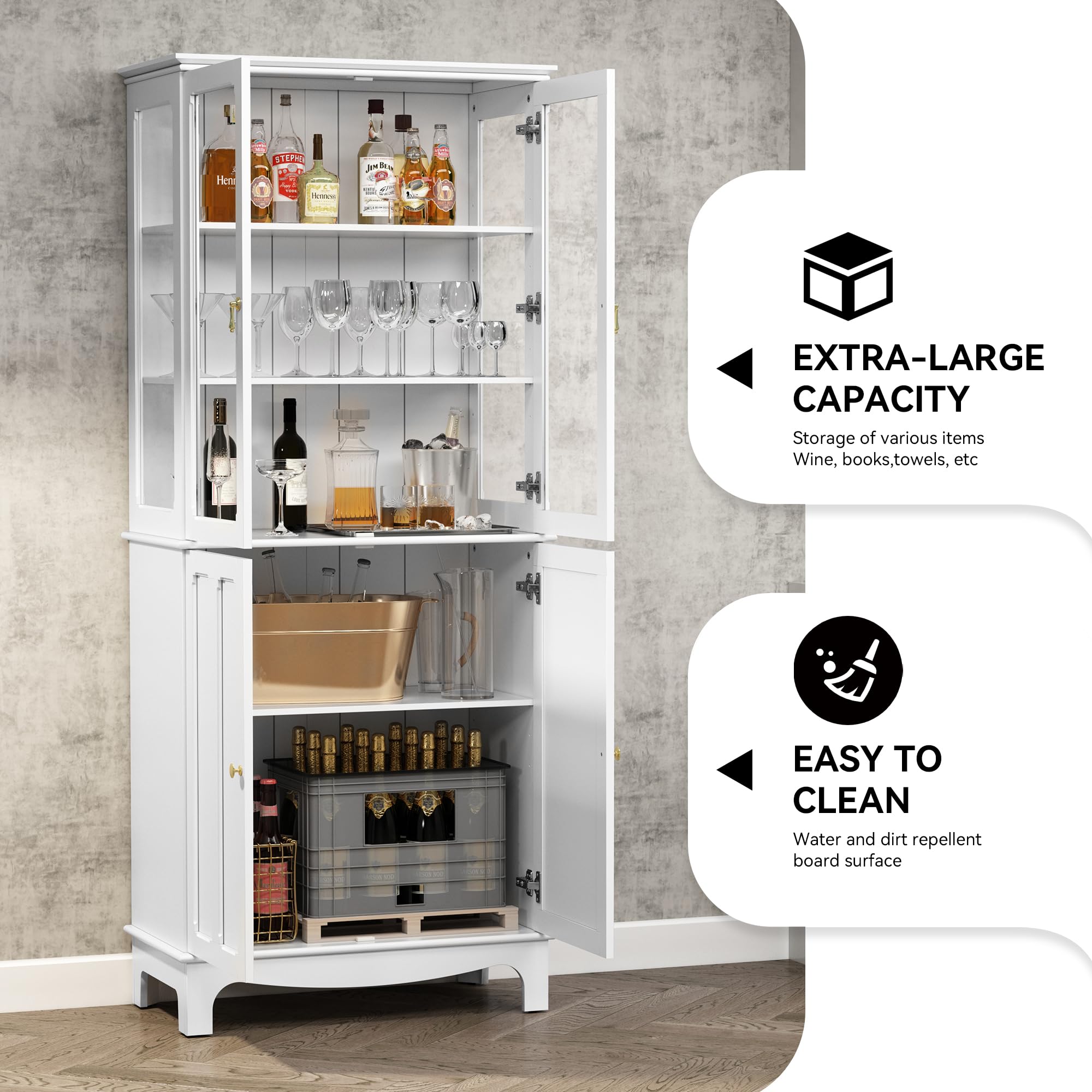 ARTPOWER 72 Inch Freestanding Kitchen Pantry Cabinet - White Tall Storage Sideboard with Glass Doors & Adjustable Shelves for Kitchen, Dining Room & Living Room | Perfect for Organizing Cookware, Dishes & Home Decor