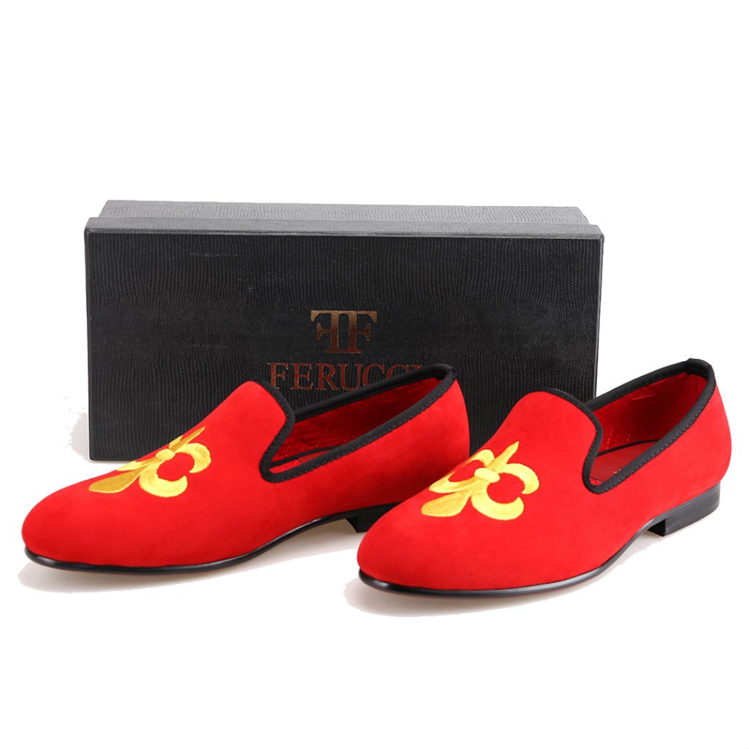 FERUCCI Handmade Men's Red Velvet Loafers with Gold Fleur de Lis - Luxurious House Slippers for Indoor Comfort & Elegant Lounge Wear