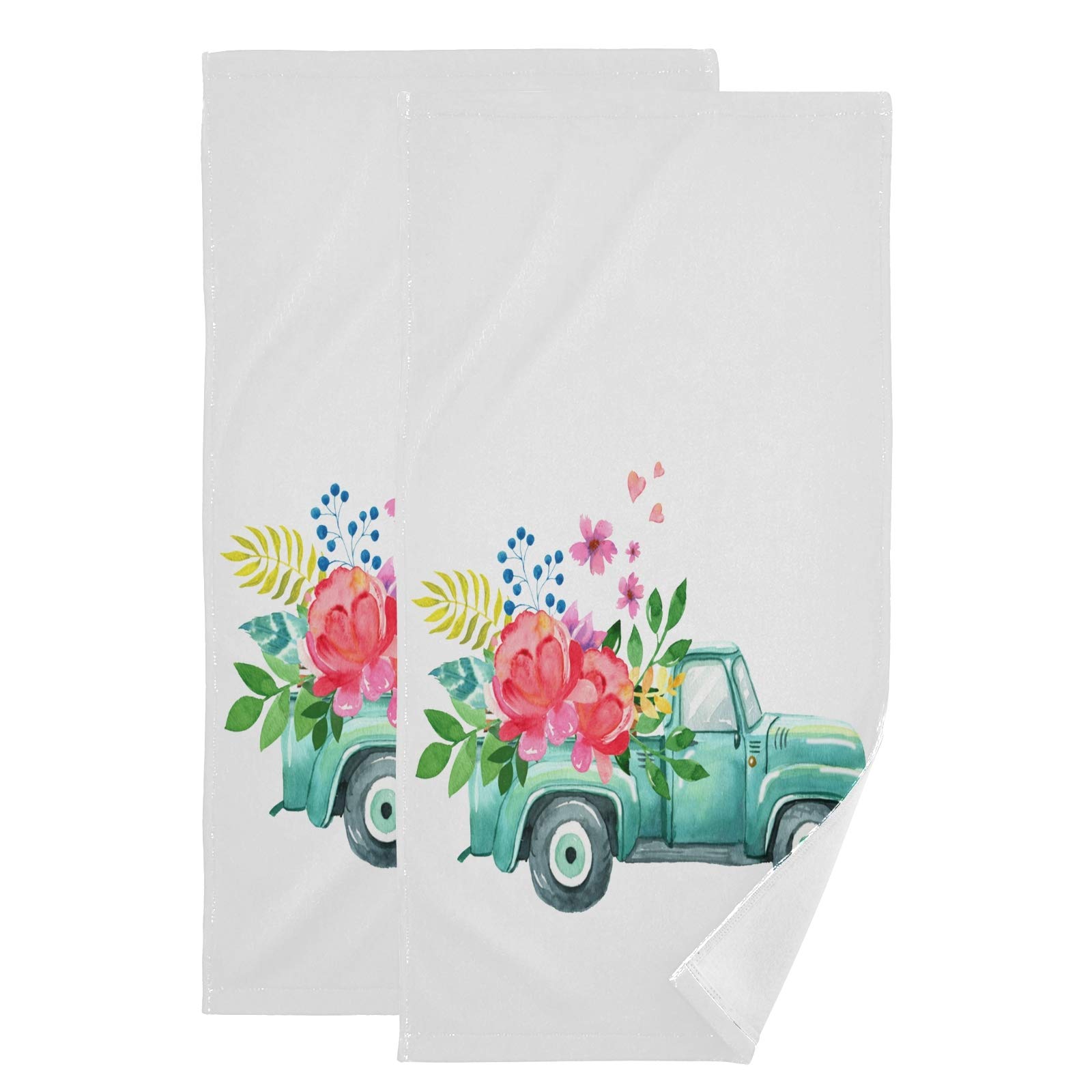 Vintage Watercolor Turquoise Truck Hand Towels 2 Pack - 28x14.5 Inch Super Soft & Highly Absorbent Bath Towels for Bathroom, Gym, Home Decor - Perfect Spring Summer Gift for Housewarming, Bridal Shower & Mother's Day