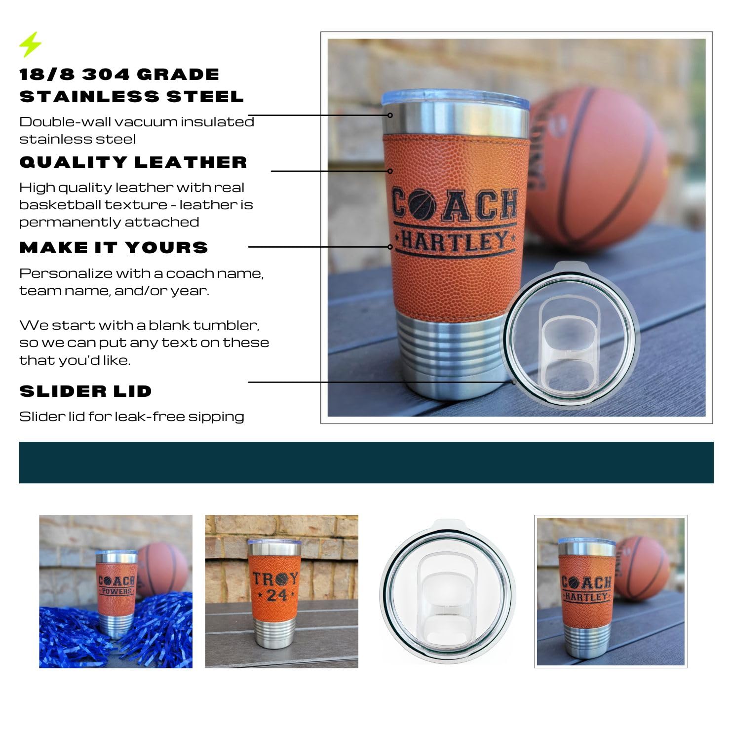 Personalized 20oz Basketball Tumbler - Insulated Stainless Steel Leatherette Cup with Basketball Texture Design - Perfect Gift for Basketball Players, Coaches & Fans - Great for Games, Practices & Office Use