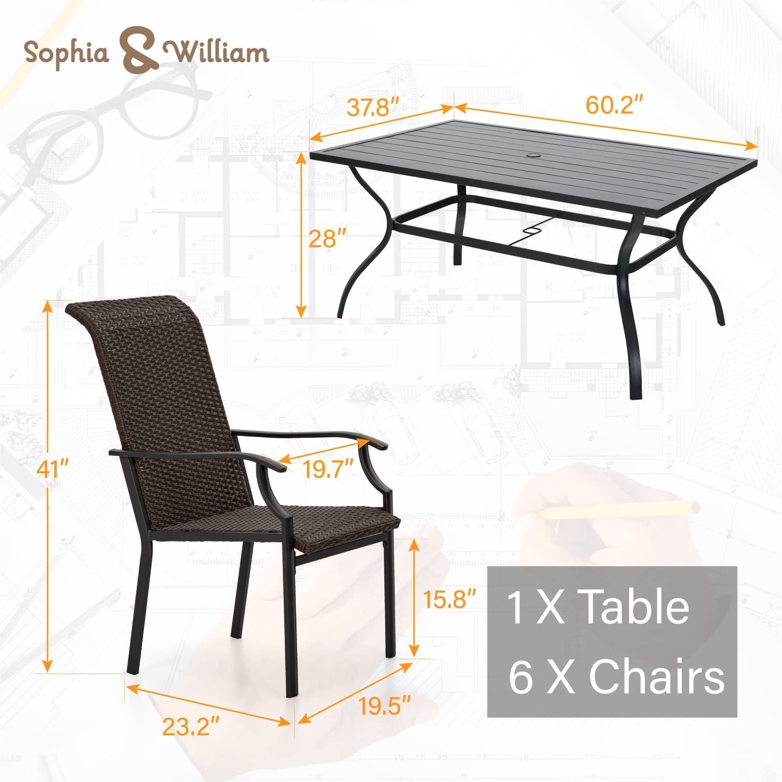 Sophia & William 7-Piece Patio Dining Set - Wicker Outdoor Table & Chairs with Umbrella Hole - 6 High-Back Rattan Chairs & 1 Metal Rectangular Table - Perfect for Backyard, Garden, Poolside & Outdoor Entertaining