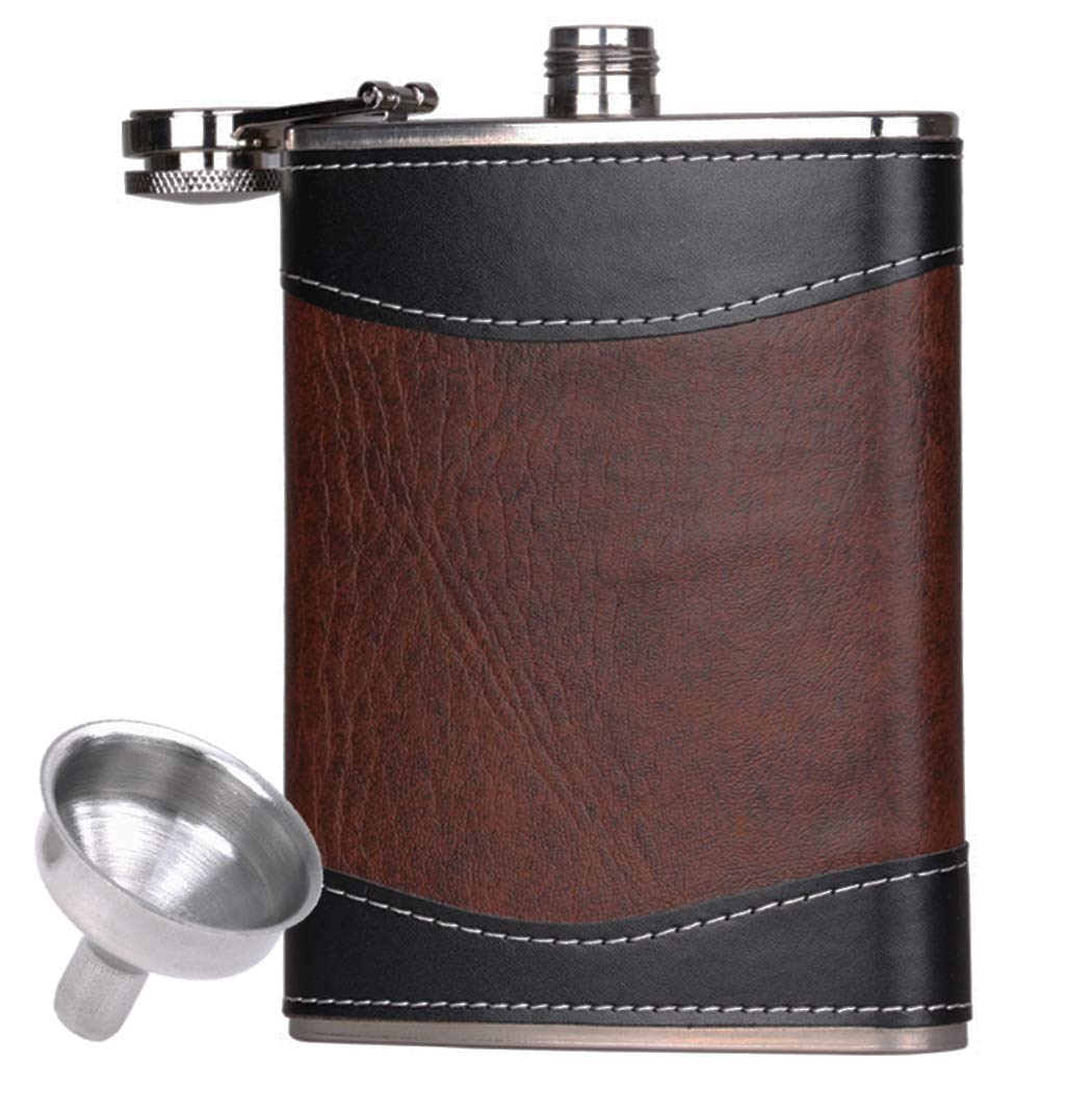 Premium 8 oz Stainless Steel Leather Hip Flask with Funnel - Perfect for Whiskey, Bourbon & Liquor Storage - Great for Outdoor Adventures, Camping, Gifts & Travel Accessories