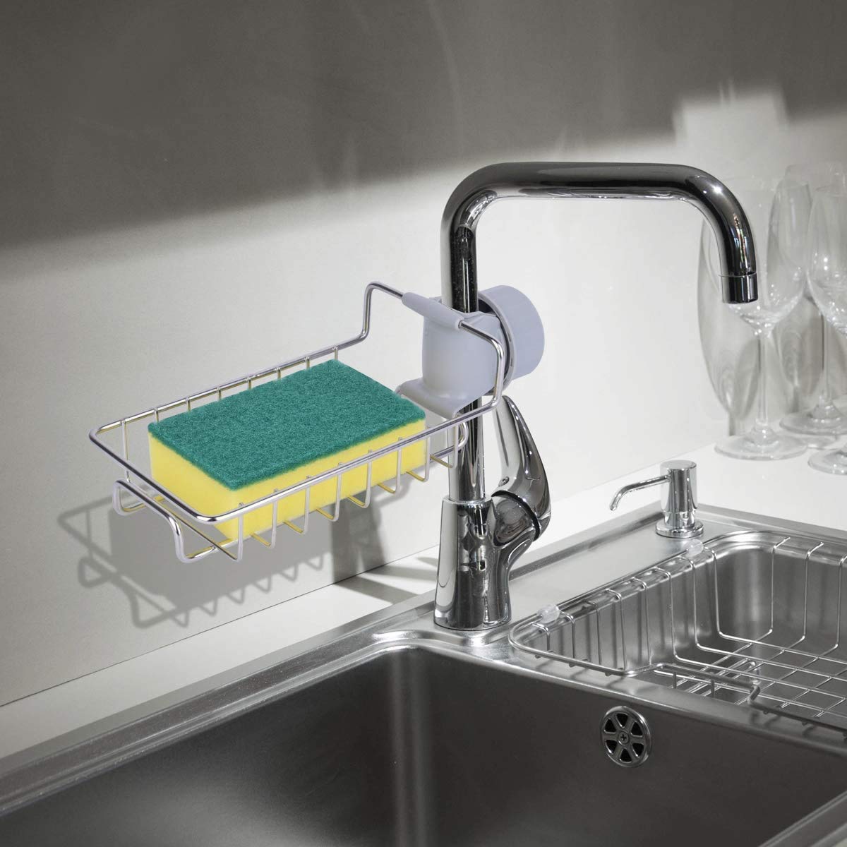 GNASTAS Stainless Steel Soap Holder & Sponge Caddy - Rustproof Kitchen & Bathroom Organizer for Sink, Faucet Mount Dish Soap Dispenser & Drainer Set - Perfect for Dishwashing, Countertop & Shower Storage