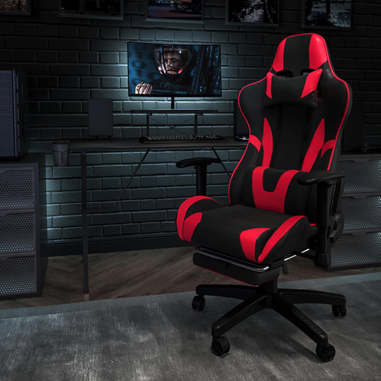 Flash Furniture Black Gaming Desk & Red/Black Reclining Gaming Chair Set with Cup Holder, Headphone Hook & Monitor Stand - Perfect for Esports, Streaming & Home Office Setup
