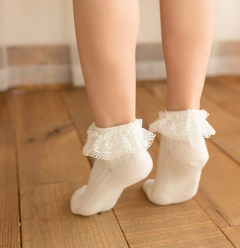 Toddler & Girls Eyelet Frilly Dress Socks - Ruffle Lace Cotton Ankle Socks for Special Occasions & Everyday Wear