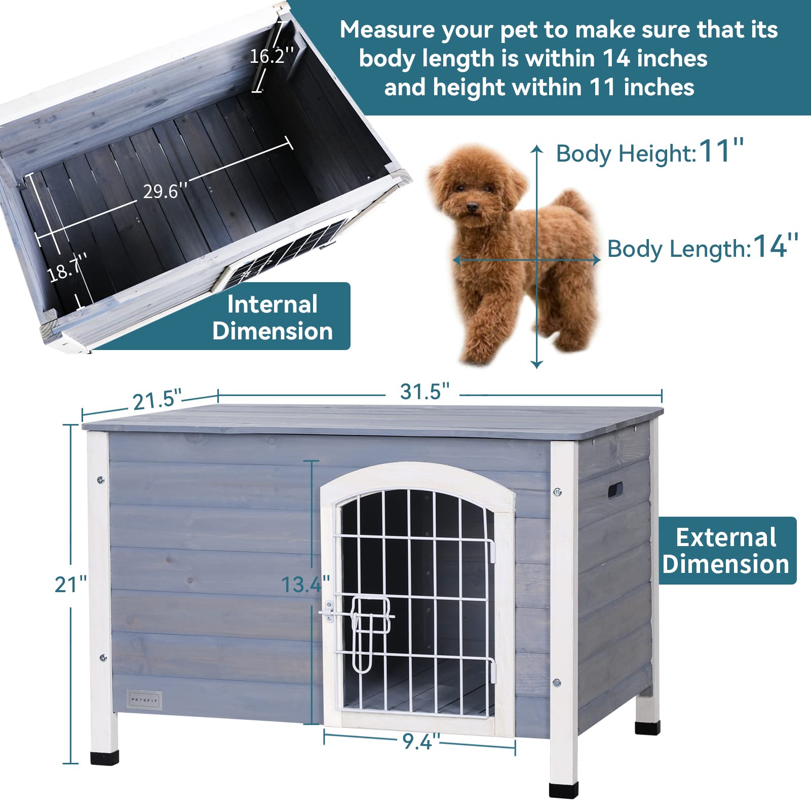 Petsfit Small Indoor Wooden Dog House with Elevated Floor & Anti-Slip Bottom - 31.5''L×21.5''W×21''H - Cozy Shelter for Small Dogs in Apartments, Living Rooms & Backyards