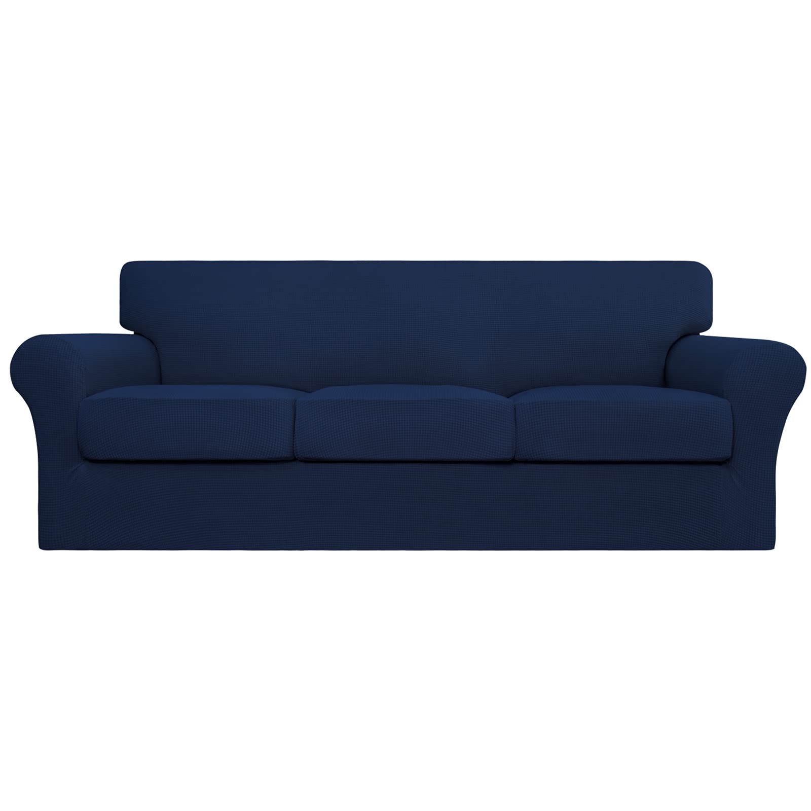 4-Piece Stretch Sofa Cover for Pets & Kids - Washable Jacquard Fabric Elastic Couch Slipcover Protector Fits 3-Cushion Couches (Navy Blue) - Perfect for Pet Owners, Families with Children & Furniture Protection