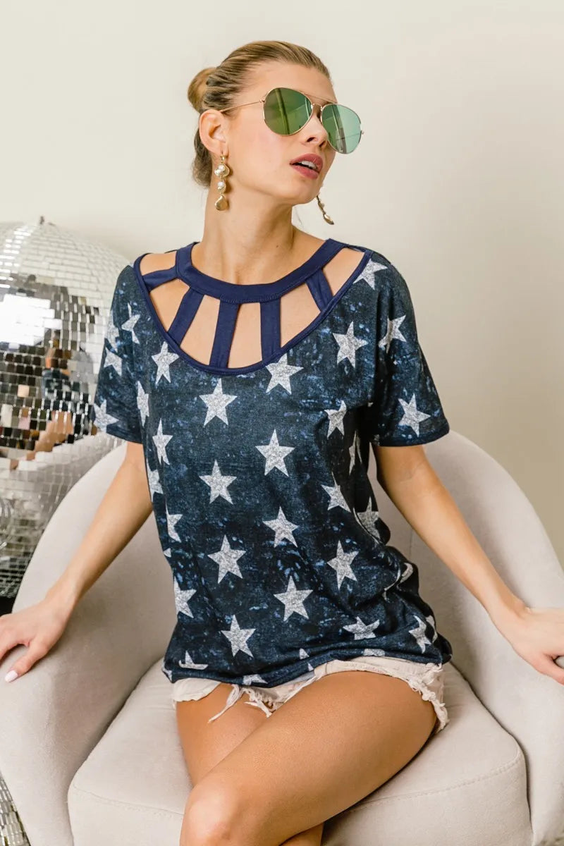 Vintage Star Print Top with Contrast Caged Neck - Stylish Boho Blouse for Women, Perfect for Casual Outings, Music Festivals & Retro Fashion Looks