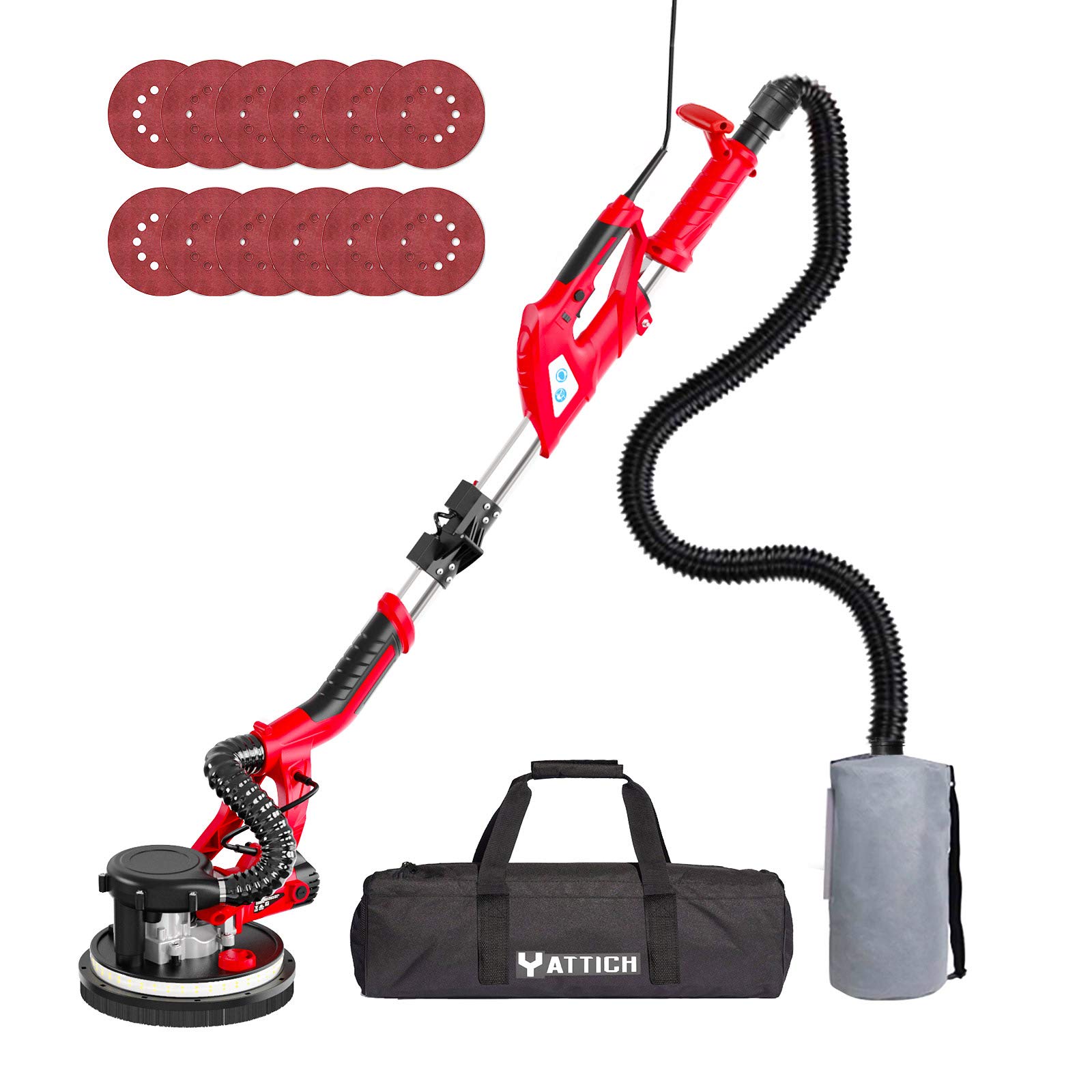 YATTICH 750W Electric Drywall Sander with 12 Sanding Discs, 7-Speed Adjustable (800-1750 RPM) - Extendable Handle, LED Light, Dust Hose & Storage Bag Included - Perfect for Wall Repair, Home Renovation & DIY Projects