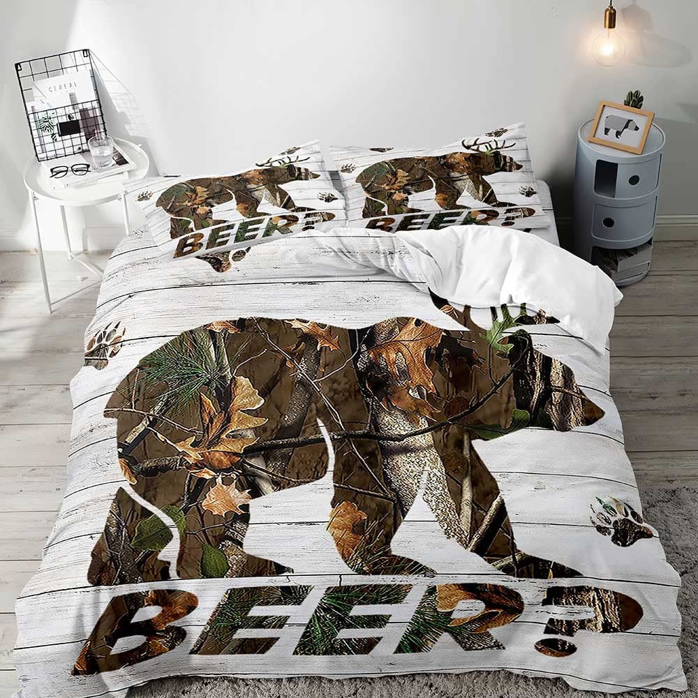 VIVIHOME 3-Piece Funny Deer & Bear Duvet Cover Set - King Size White Camo Hunting Lodge Bedding with 2 Pillowcases - Rustic Forest Animal Wildlife Cabin Farmhouse Decor for Cozy Cabin Retreats & Hunting Lodge Stays