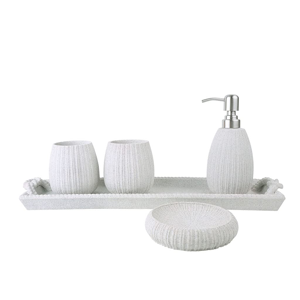 TOMYEUS 5-Piece Artificial Stone Soap Dispenser Set - Elegant Bathroom Accessories with Hand Soap Dispenser, Mouthwash Cup, Soap Dish & Tray | Empty Press Pump Bottles for Modern Bathroom Decor | Perfect for Home, Hotel, and Spa Settings