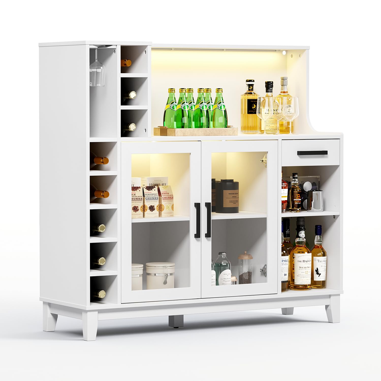 Modern Wine Bar Cabinet with LED Lights & Glass Rack - LINSY HOME Liquor Storage Cabinet with Drawers, Coffee Bar Organizer - Buffet Sideboard for Living Room, Dining Room, Kitchen & Home Bar (White) - Perfect for Entertaining, Wine Storage & Home Decor