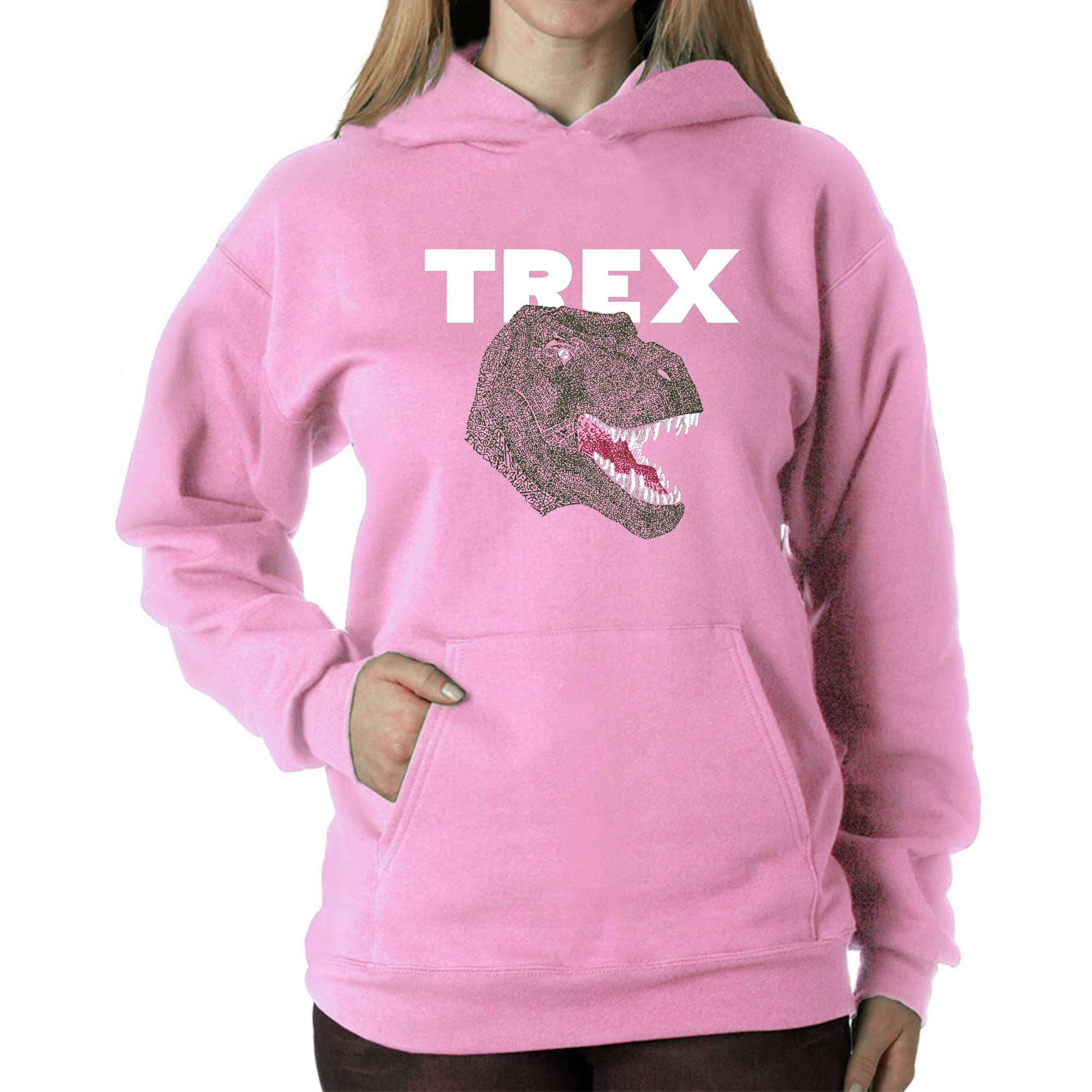 LA POP ART Women's Word Art Hooded Sweatshirt with T-Rex Dinosaur Design - Cozy Pullover for Casual Wear, Street Style & Graphic Tee Lovers