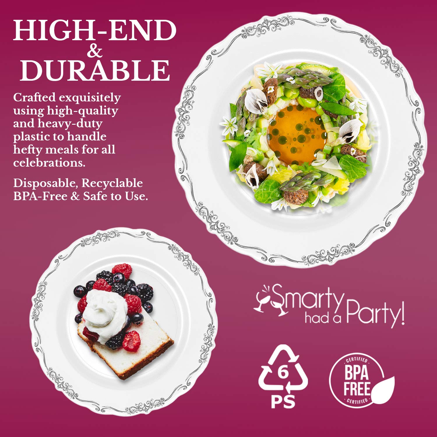 Elegant Disposable Plastic Plates for Parties & Weddings - 60-Piece White with Silver Dinnerware Set - Perfect for Events, Catering & Outdoor Dining