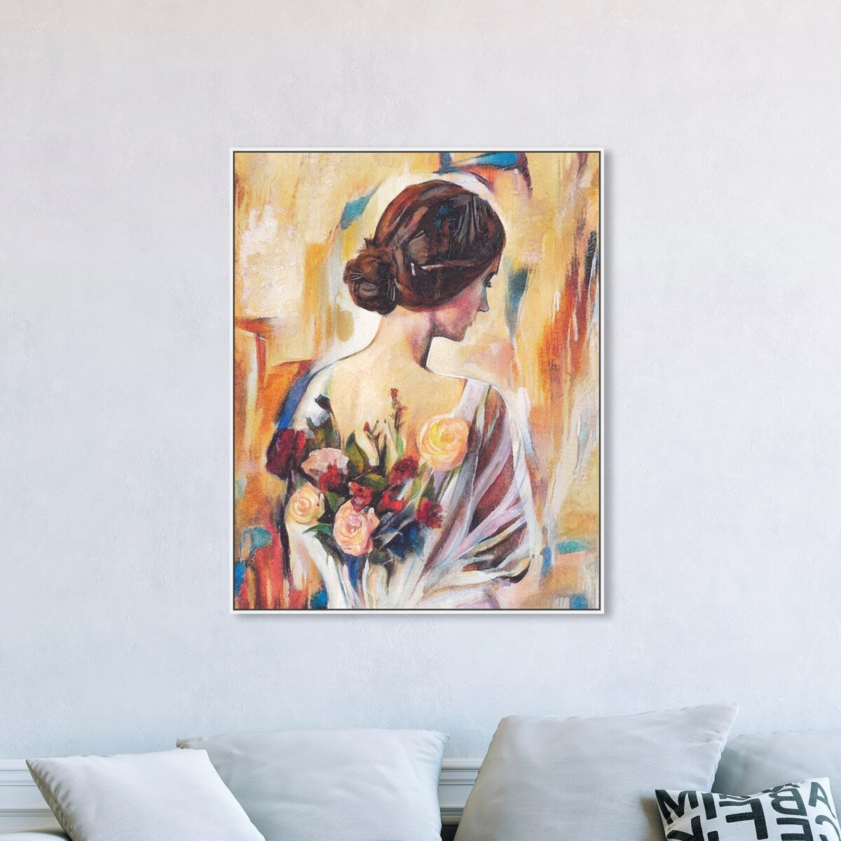 Modern White Framed Canvas Wall Art Print - Floral Back and Flowers Design for Women, Elegant Home Decor for Bedroom, Living Room & Office