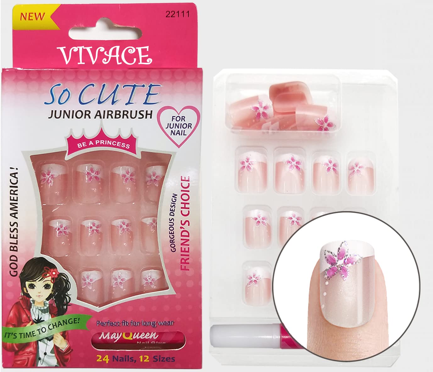 VIVACE Kids False Nail Tips - Safe Artificial Nails for Children (22013/22111/22110) | Perfect for Birthday Parties, Halloween Costumes & Play Dress-Up
