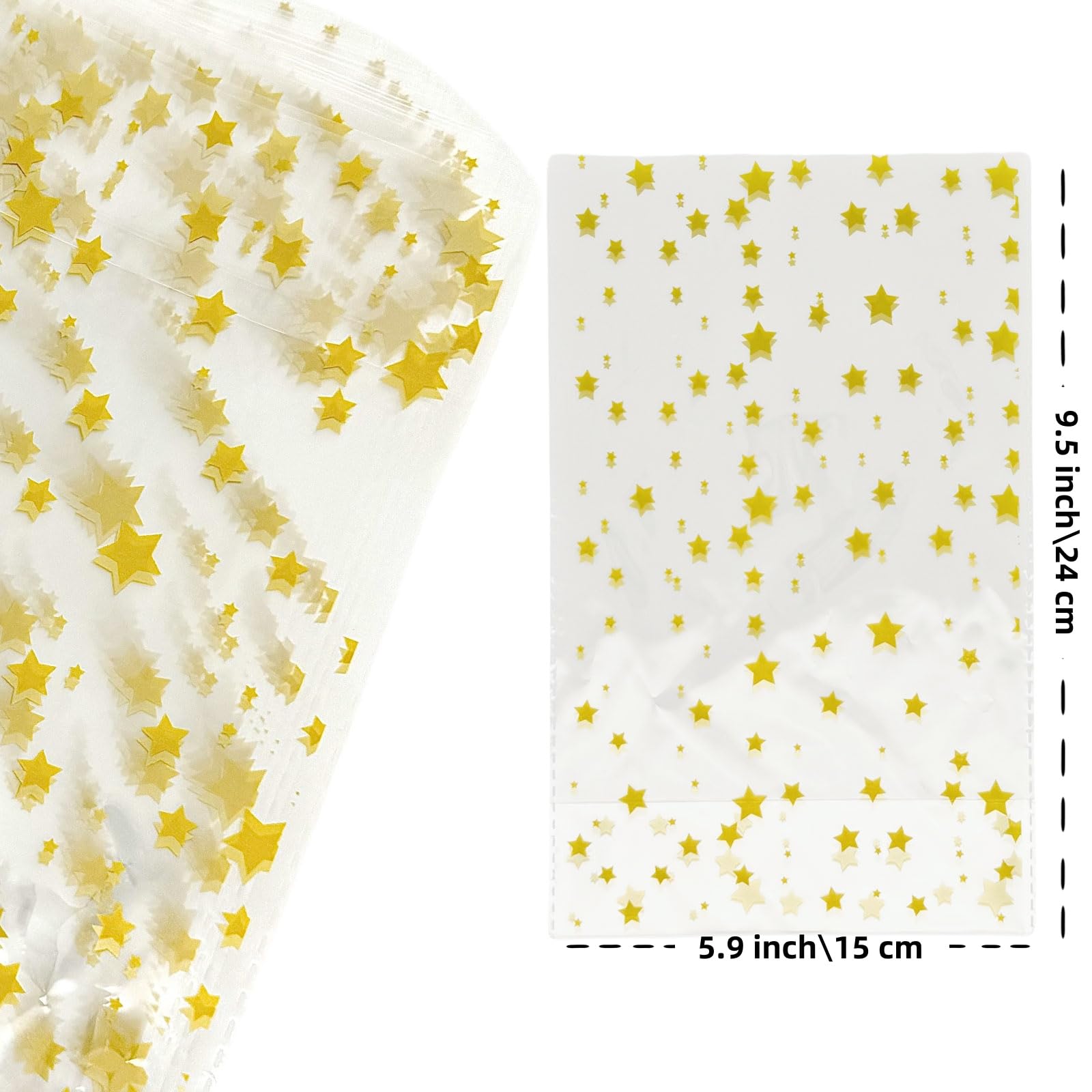 Premium Gold Star Cellophane Treat Bags with Twist Ties - 50 Pack Thick Plastic Small Cello Bags for Bakery, Cookies, Desserts & Candy Buffet Supplies - Perfect for Party Favors, Wedding Treats & Gift Packaging