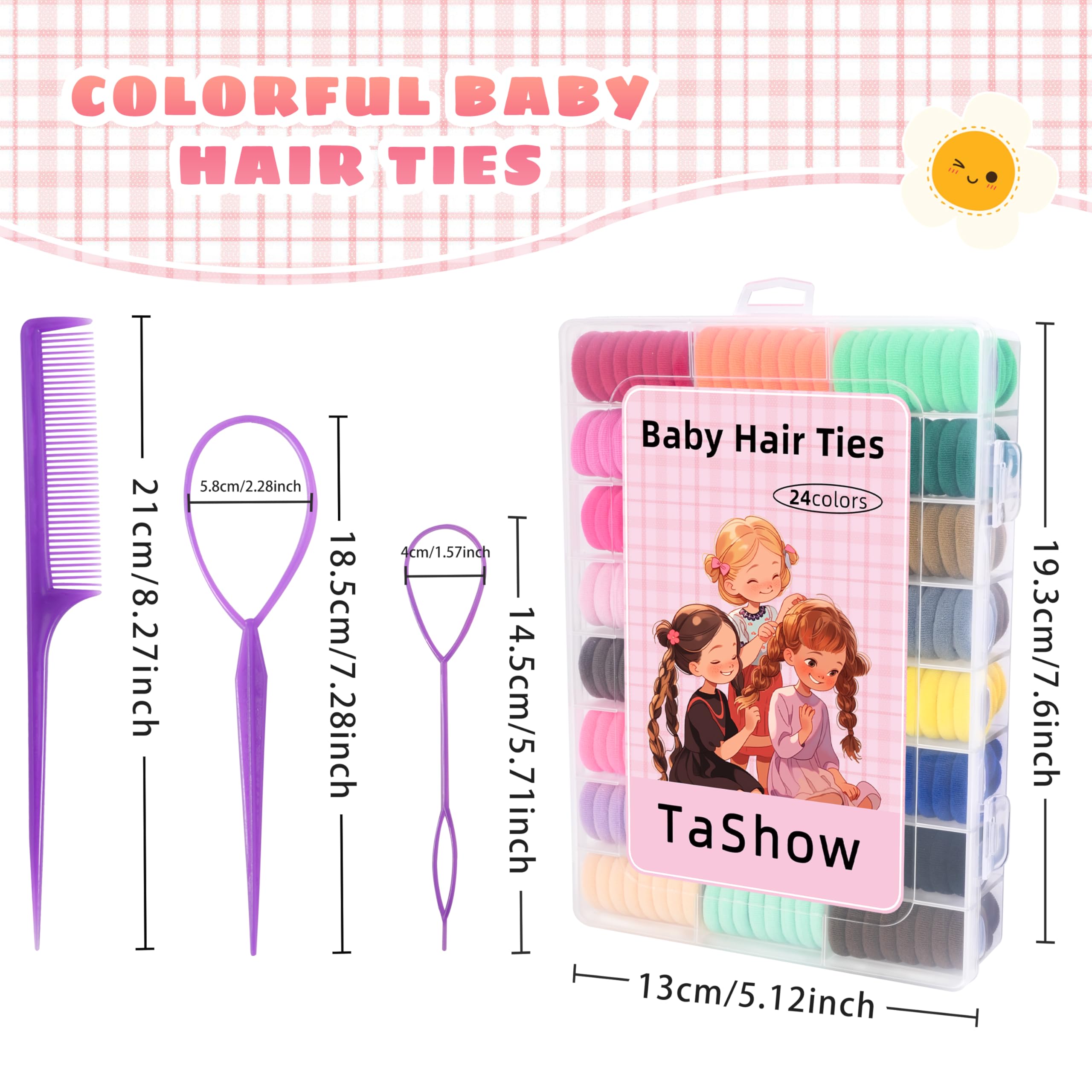 360 Pcs Baby Hair Ties - 24 Colors Soft Cotton Toddler Hair Bands with Organizer Box | 1 Inch Seamless Hair Elastics for Girls | Ponytail Holders & 5 Styling Tools | Perfect for School, Parties & Daily Hairstyles