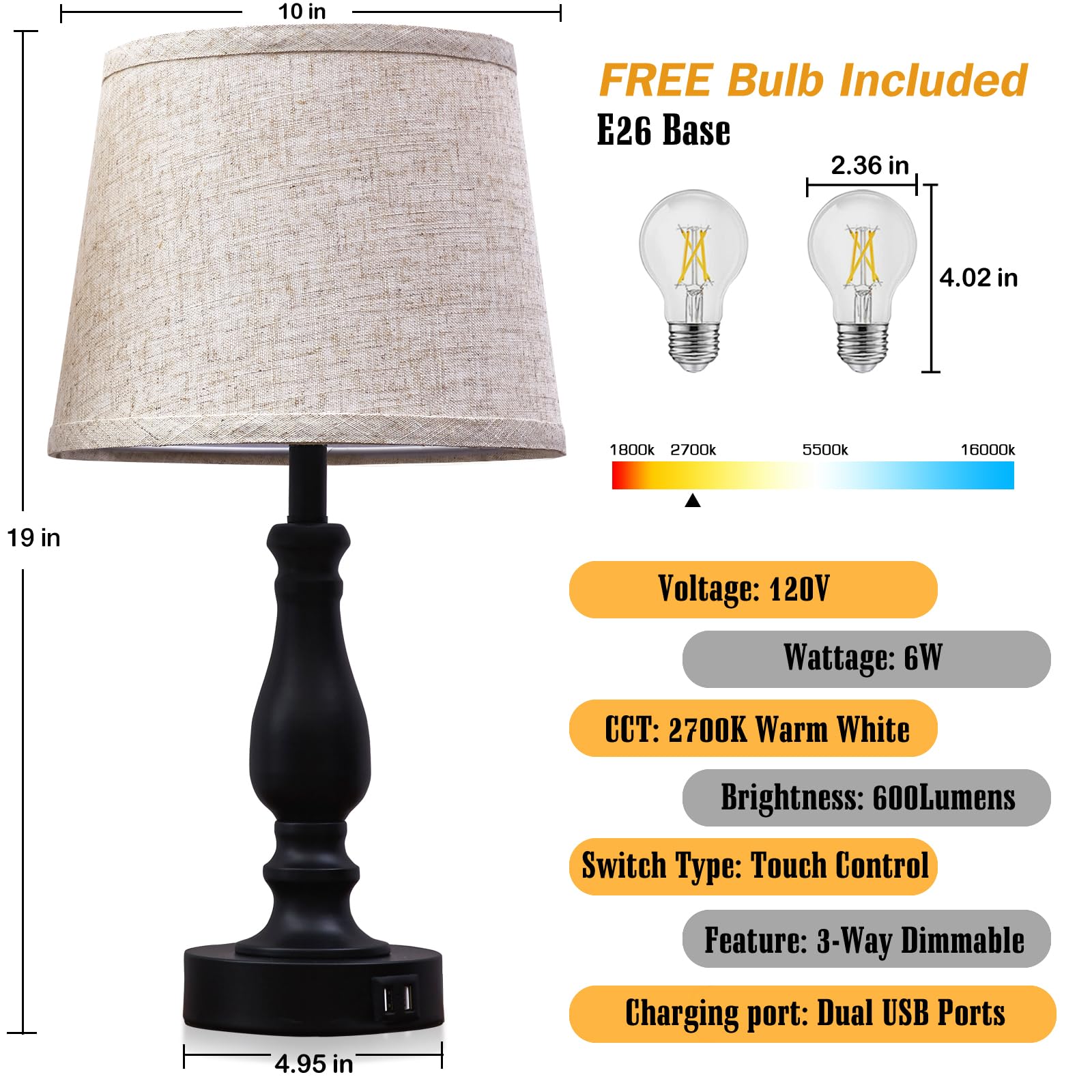 Modern Table Lamps Set of 2 with USB Charging Ports - 3-Way Dimmable Touch Control Nightstand Lamps with Linen Fabric Shade for Bedroom, Living Room, Office (Bulbs Included) | Perfect for Reading, Relaxing & Charging Devices