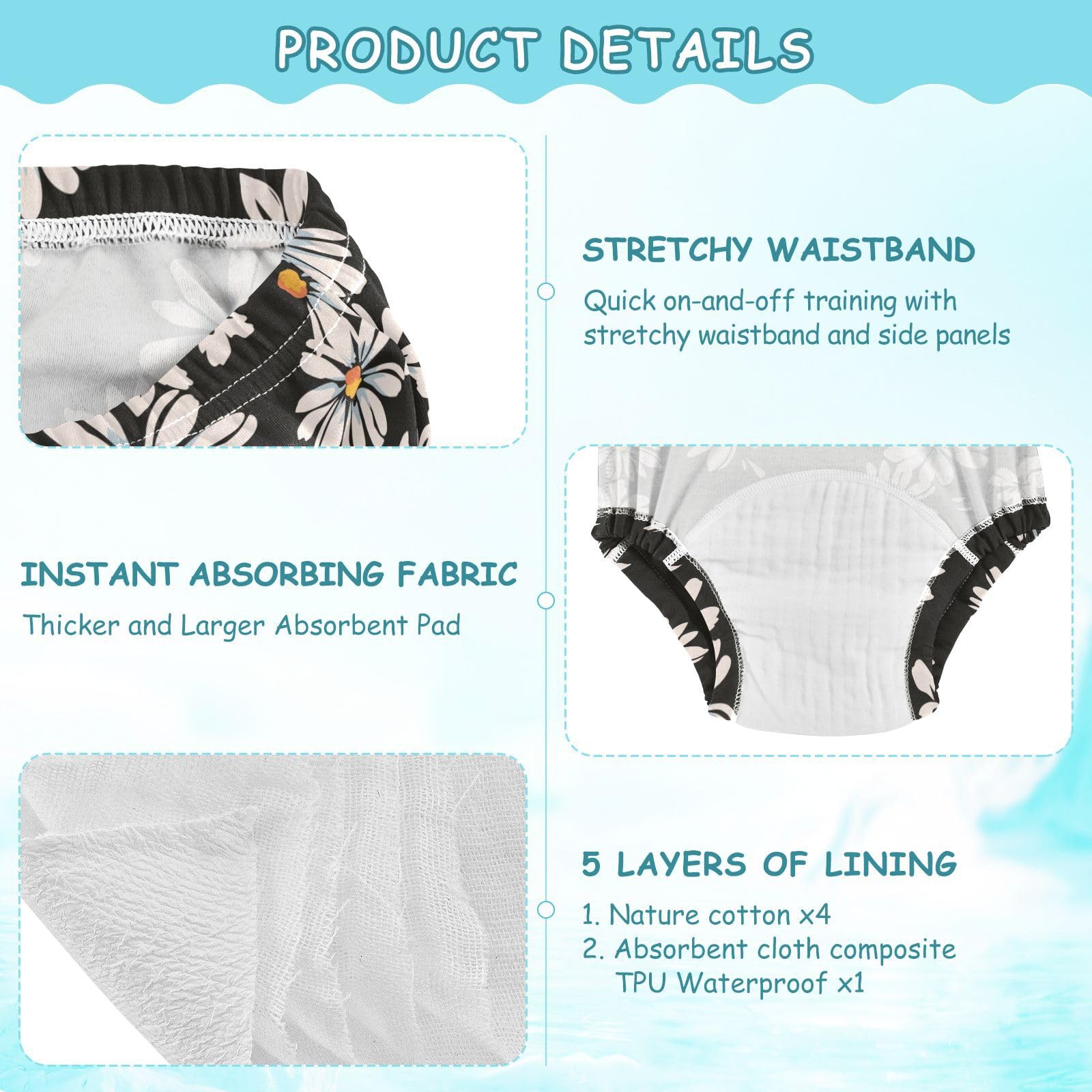 Potty Training Underwear for Kids - Leakproof & Breathable Nighttime Training Pants with Daisy Print (Size 4T) - Perfect for Toddler Potty Learning and Bedwetting Protection