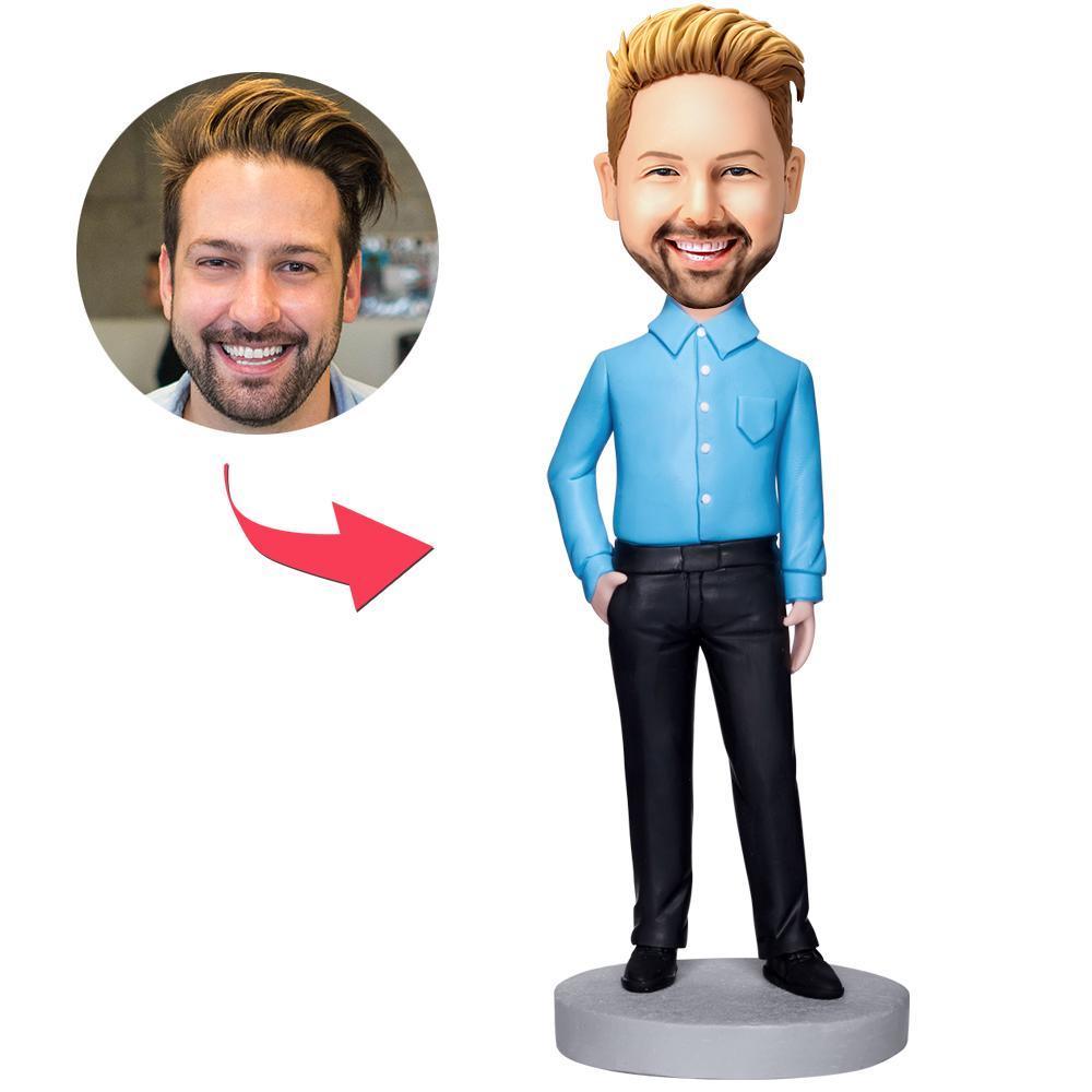 Custom Bobblehead Executive Man in Blue Shirt with Engraved Text - Personalized Business Gift for Office Decor, Retirement, Promotion & Corporate Events