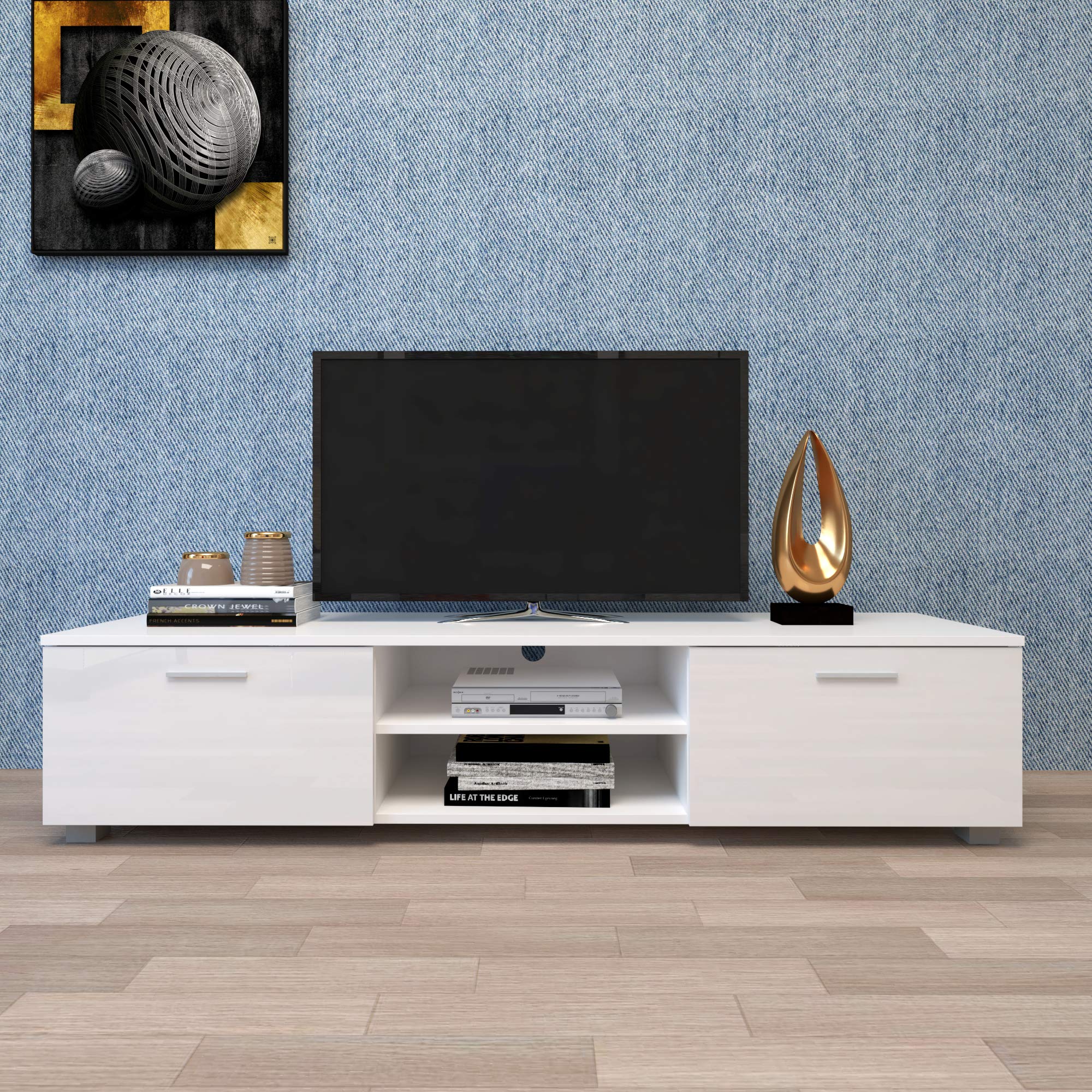 Modern TV Stand for 70 Inch TV with 2 Drawers - Sturdy TV Cabinet Entertainment Center for Living Room, Bedroom & Lounge - Easy Assembly White TV Stand Furniture Set for Home Theater & Media Storage