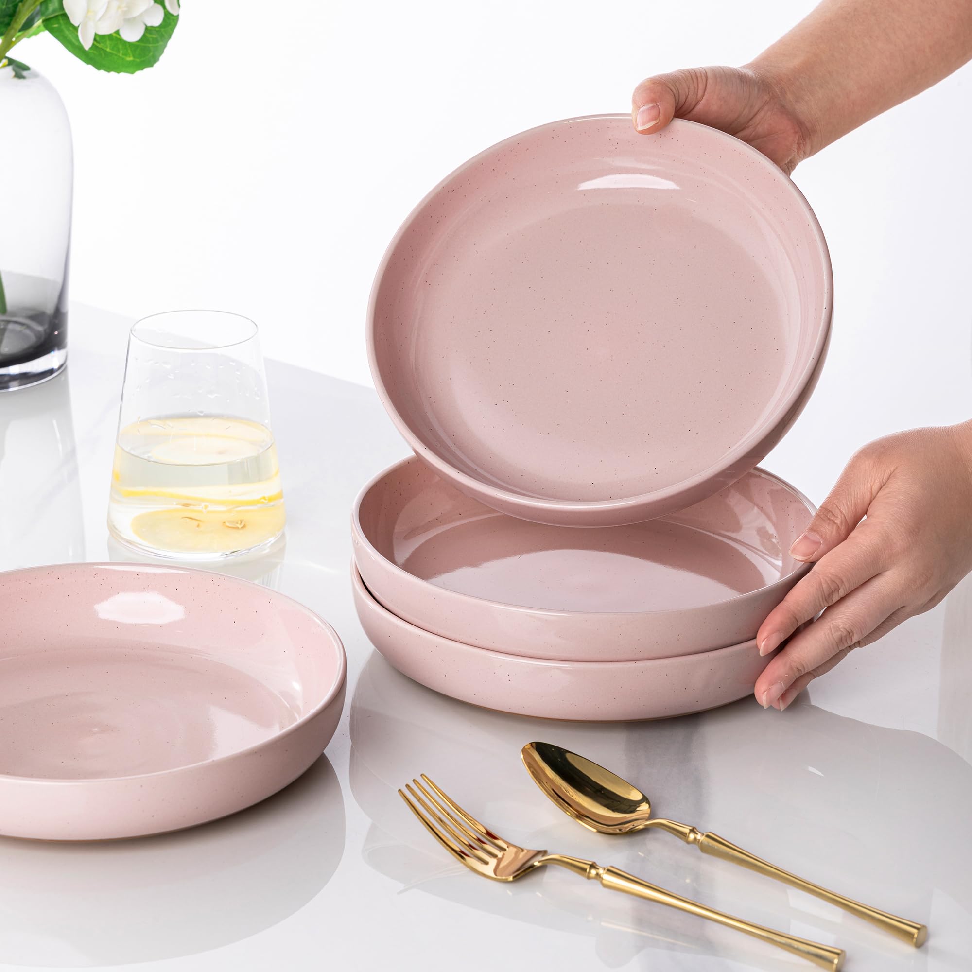 AmorArc 8.75'' Large Ceramic Pasta Bowls Set of 4 - 36oz Handpainted Stoneware Serving Bowls - Microwave & Dishwasher Safe - Rustic Terracotta Underside - Perfect for Pasta, Salad, Soup & Family Dinners - Cloud Pink Design