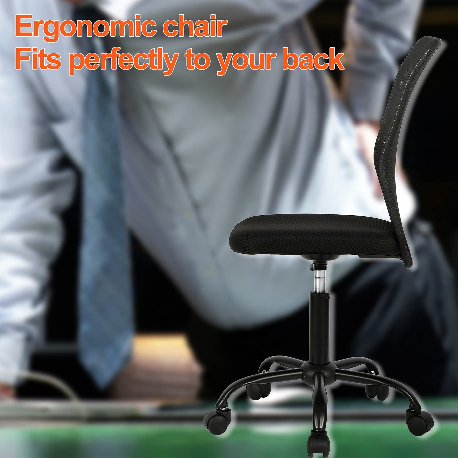 Ergonomic Armless Mesh Office Chair - Adjustable Height, Rolling Swivel & Lumbar Support - Perfect for Home Office, Conference Room & Small Spaces (Black, 16.7