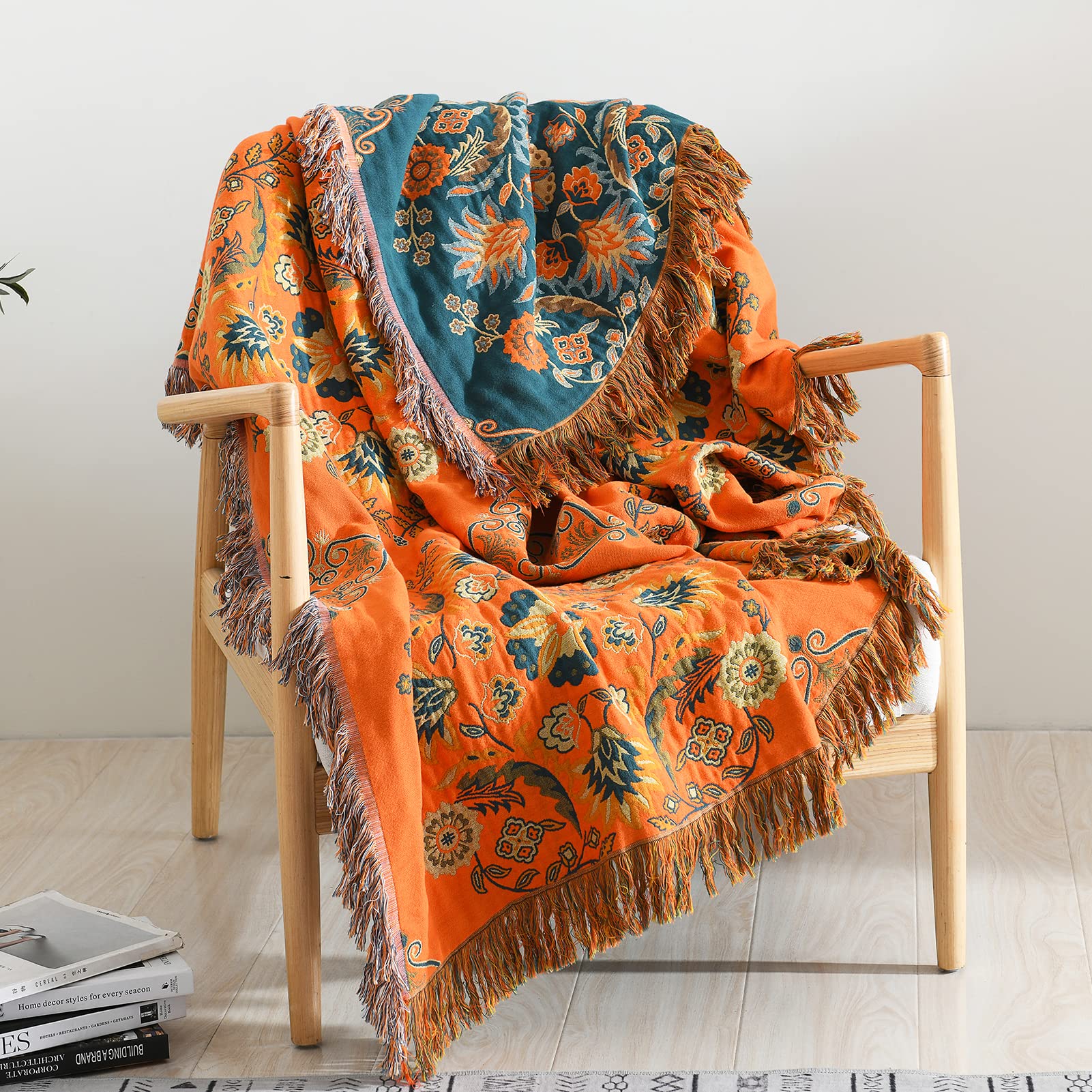 Orange Boho Throw Blanket 100% Cotton Muslin - Reversible Bohemian Floral Design with Tassels, 50x60 Inch - Soft Cozy Blanket for Couch, Sofa, Bed & Outdoor Use - Perfect for Living Room Decor, Picnics and Beach Trips
