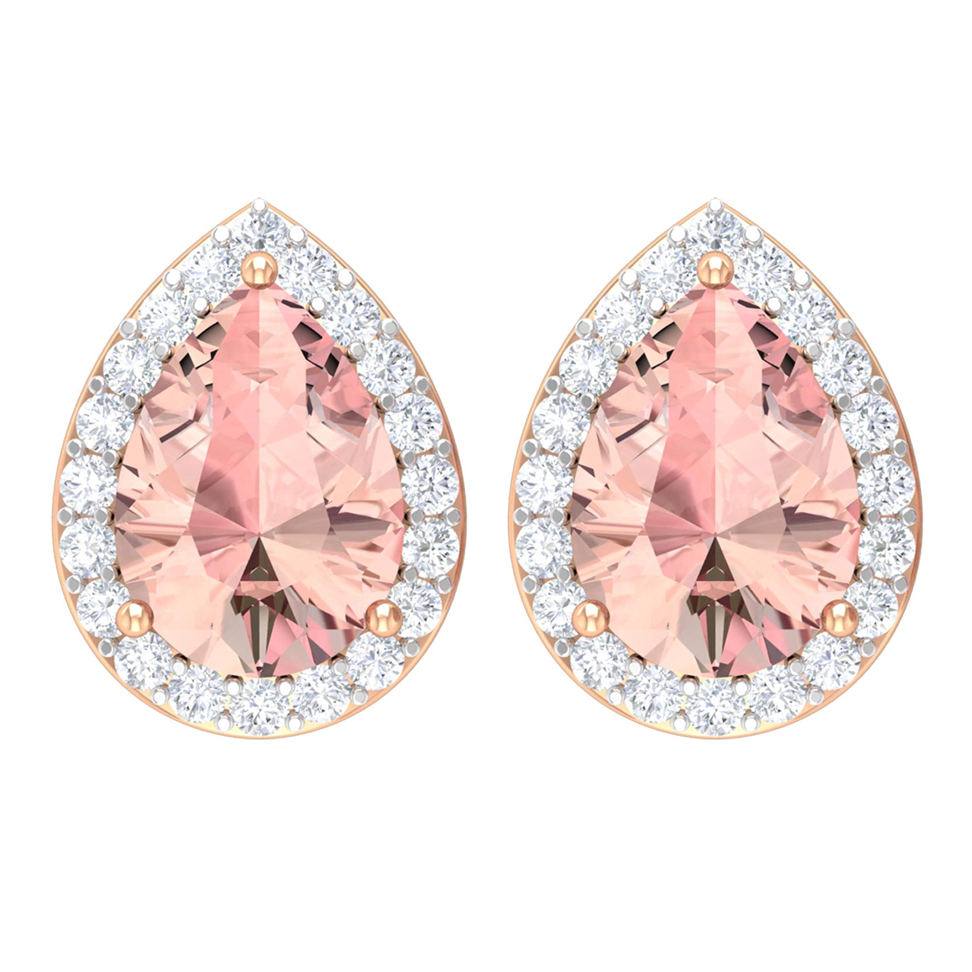 1.50 CT Morganite Stud Earrings with Diamond Halo - 14K Solid Gold Teardrop Earrings for Women | Elegant Gift for Anniversary, Wedding & Special Occasions