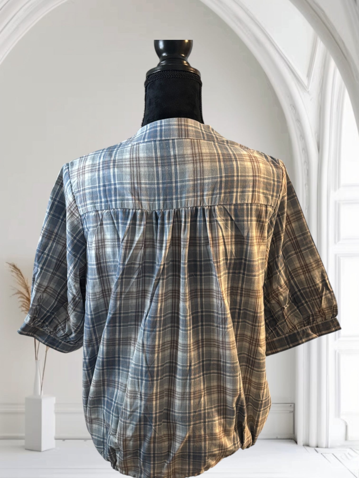 Women's Plaid Short Sleeve Cotton Shirt - Summer Casual Half Sleeve Drawstring Top for Outdoor Activities, Beach Wear & Everyday Fashion