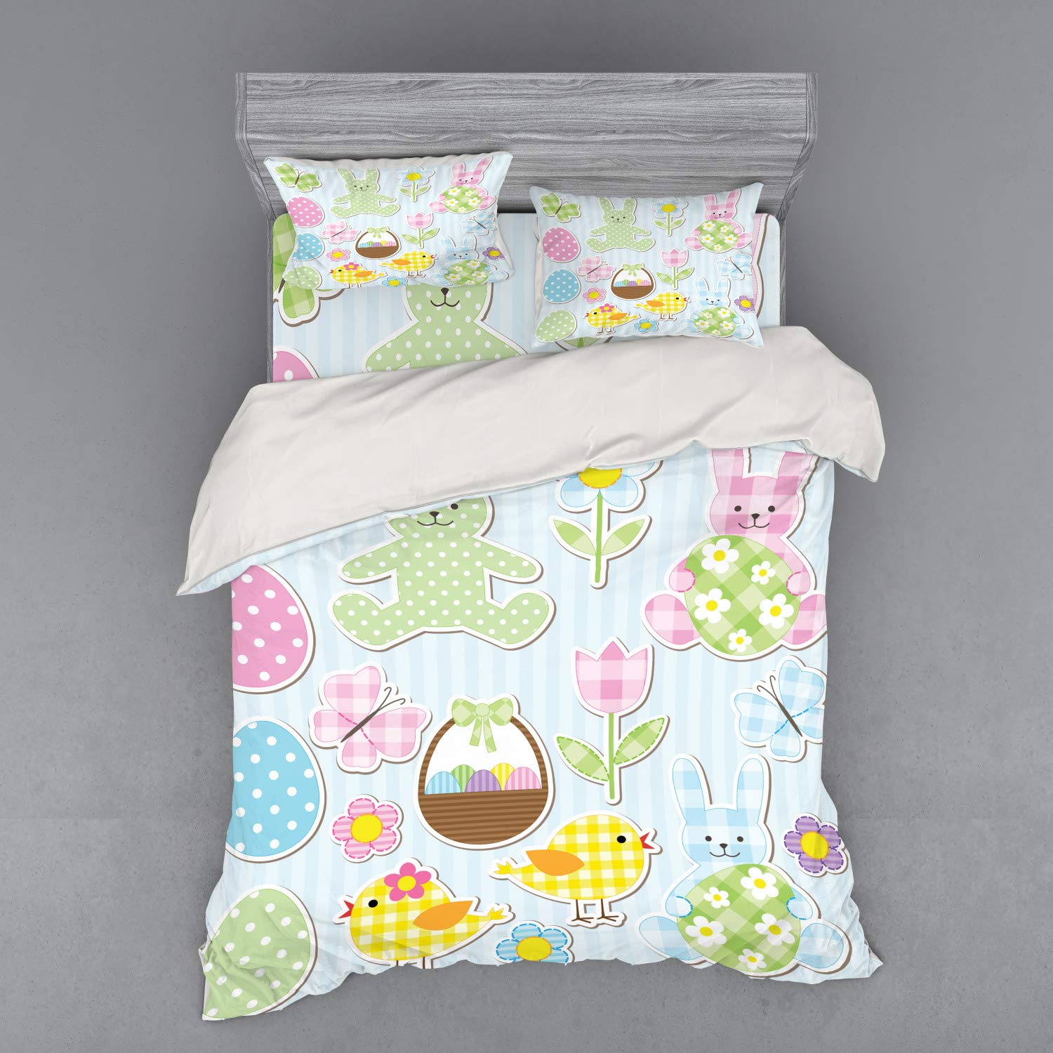Ambesonne Easter Duvet Cover Set - Pastel Bunnies & Chicks with Giant Eggs Design | 3-Piece Queen Size Bedding Set with Sham & Fitted Sheet | Perfect for Spring Decor, Holiday Bedroom Makeover & Easter Gift