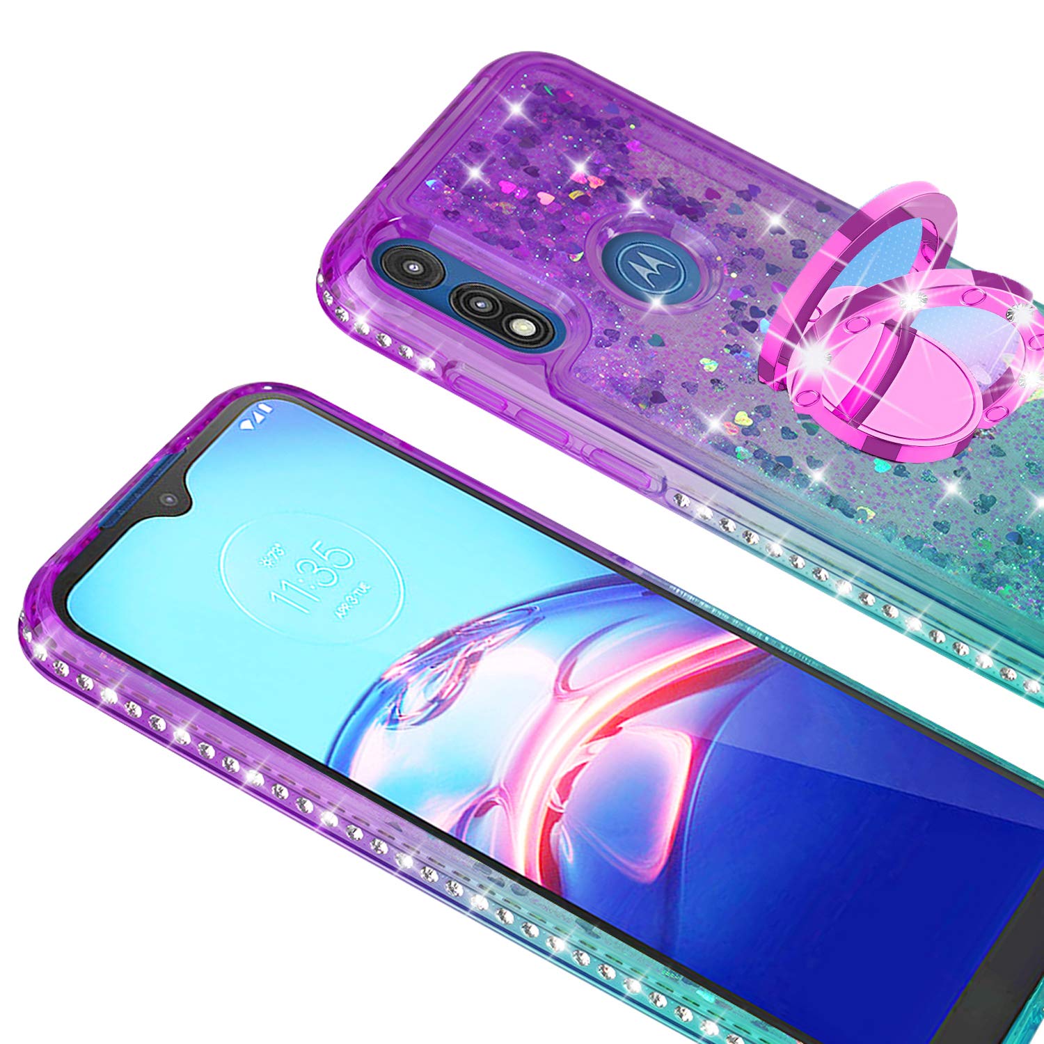 SOGA Rhinestone Liquid Quicksand Phone Case for Motorola Moto E7 - Sparkly Glitter Cover with Magnetic Ring Holder for Car Mount & Lanyard, Purple Teal Gradient - Perfect for Girls, Women, Daily Use & Gift Giving